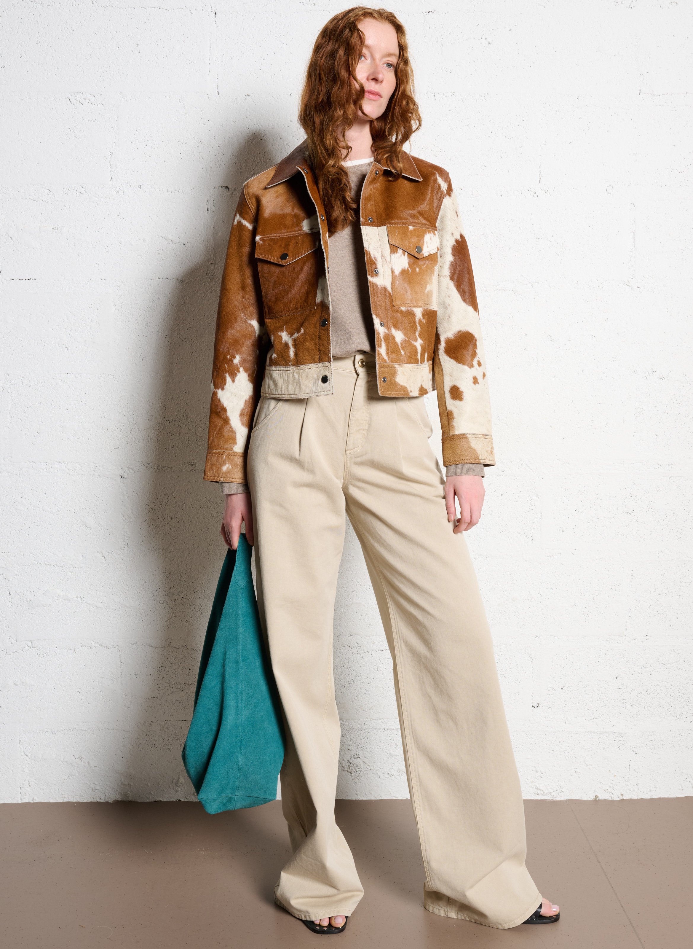 Veste droite col classique en cuir imprimé IKKS Beige