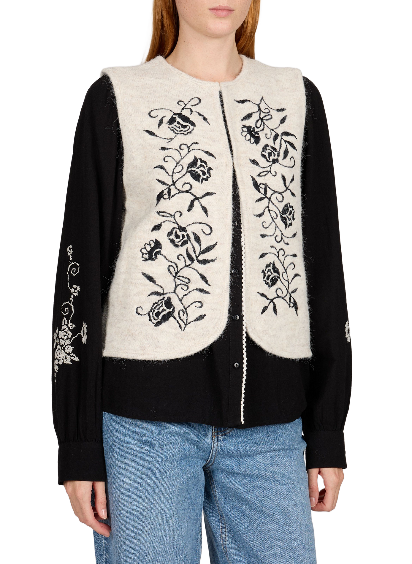 Gilet col rond droit brodé VILA Beige