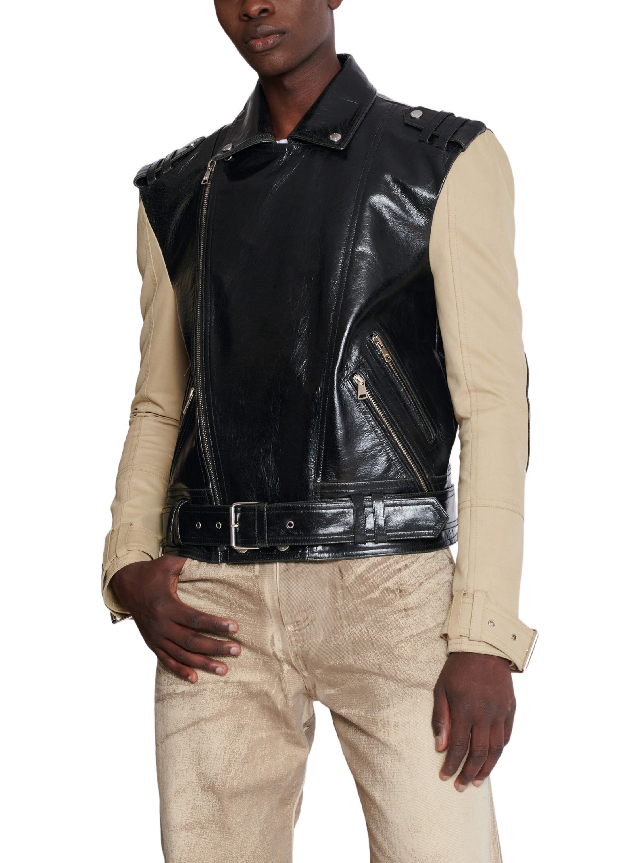 Veste biker bi-matière en cuir et coton BALMAIN Noir