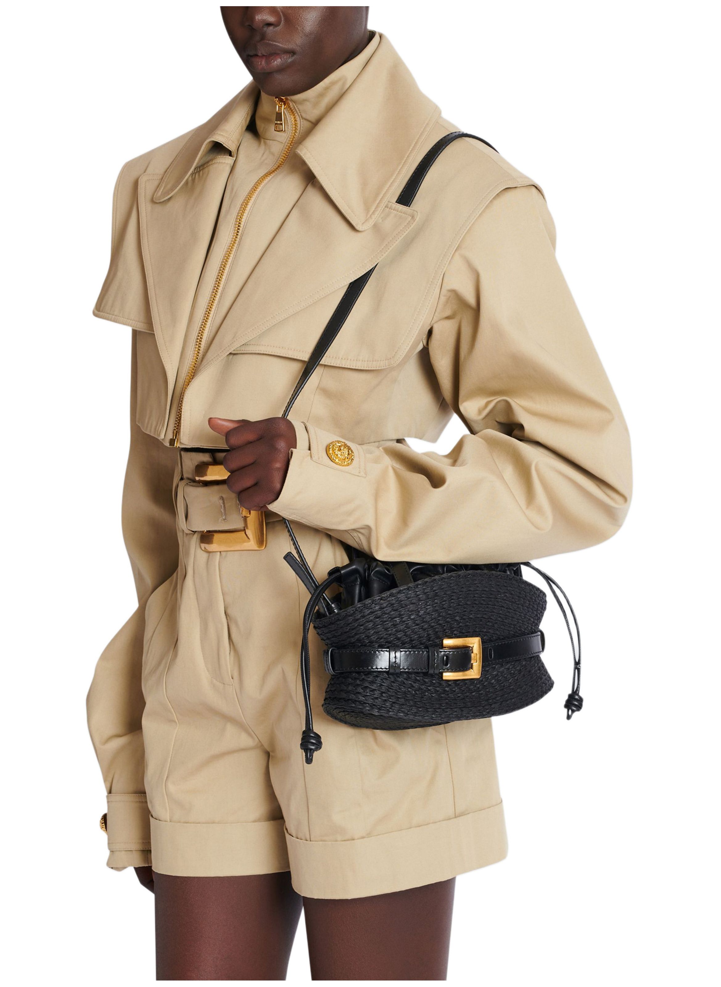 Sac shuffle mini en cuir de veau et raphia BALMAIN Noir