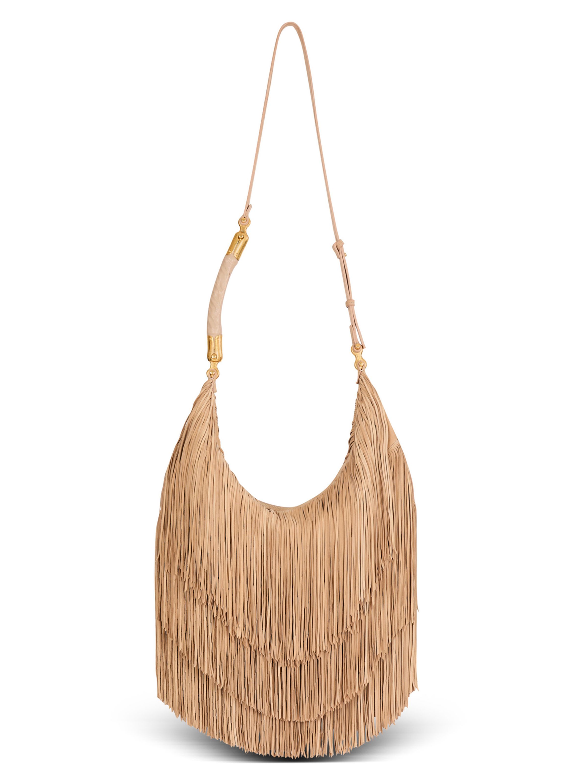 Sac ébène hobo large en cuir suédé à franges BALMAIN Beige