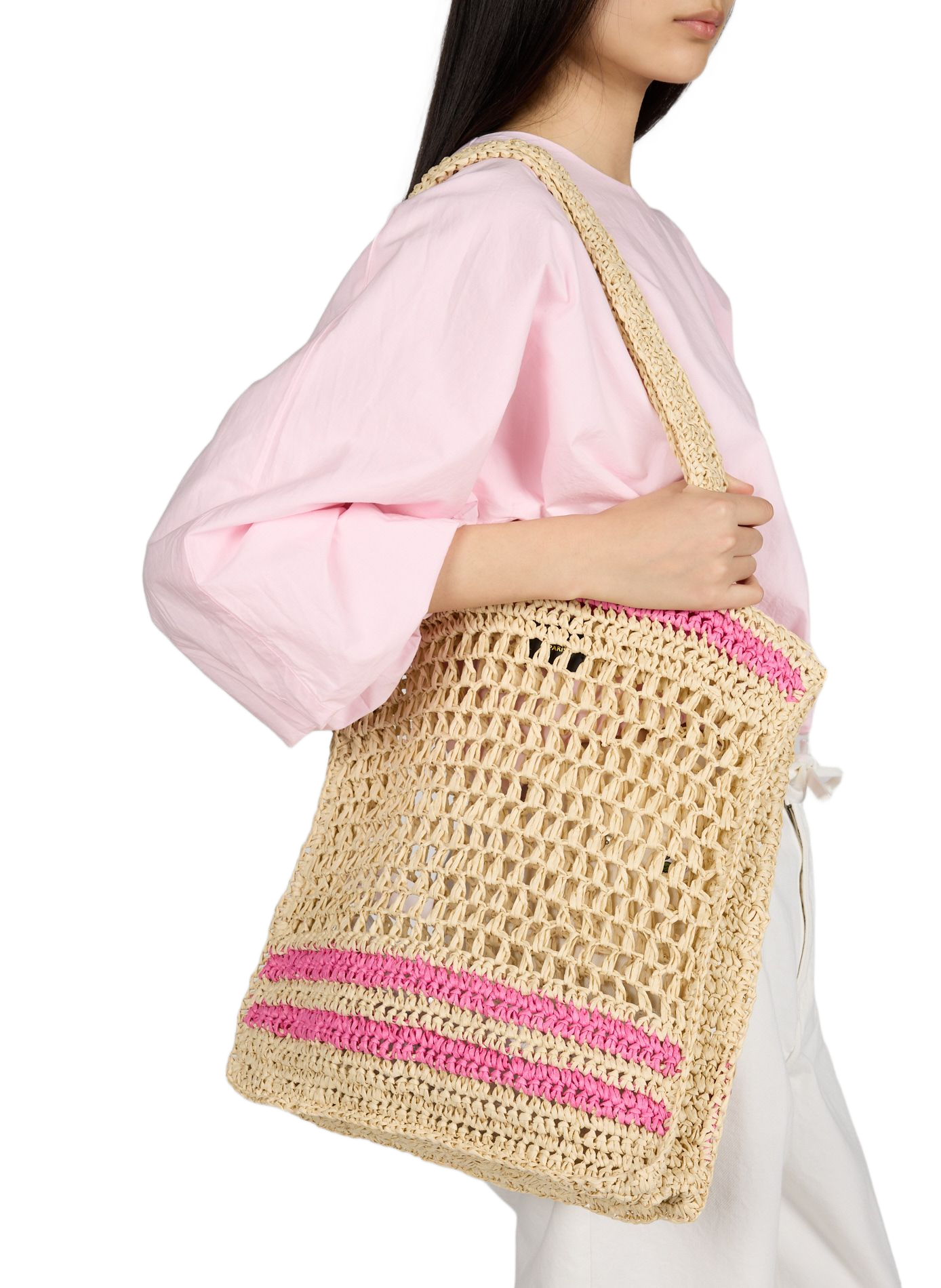 Panier paperstraw ouvert rayé AU PRINTEMPS PARIS Rose