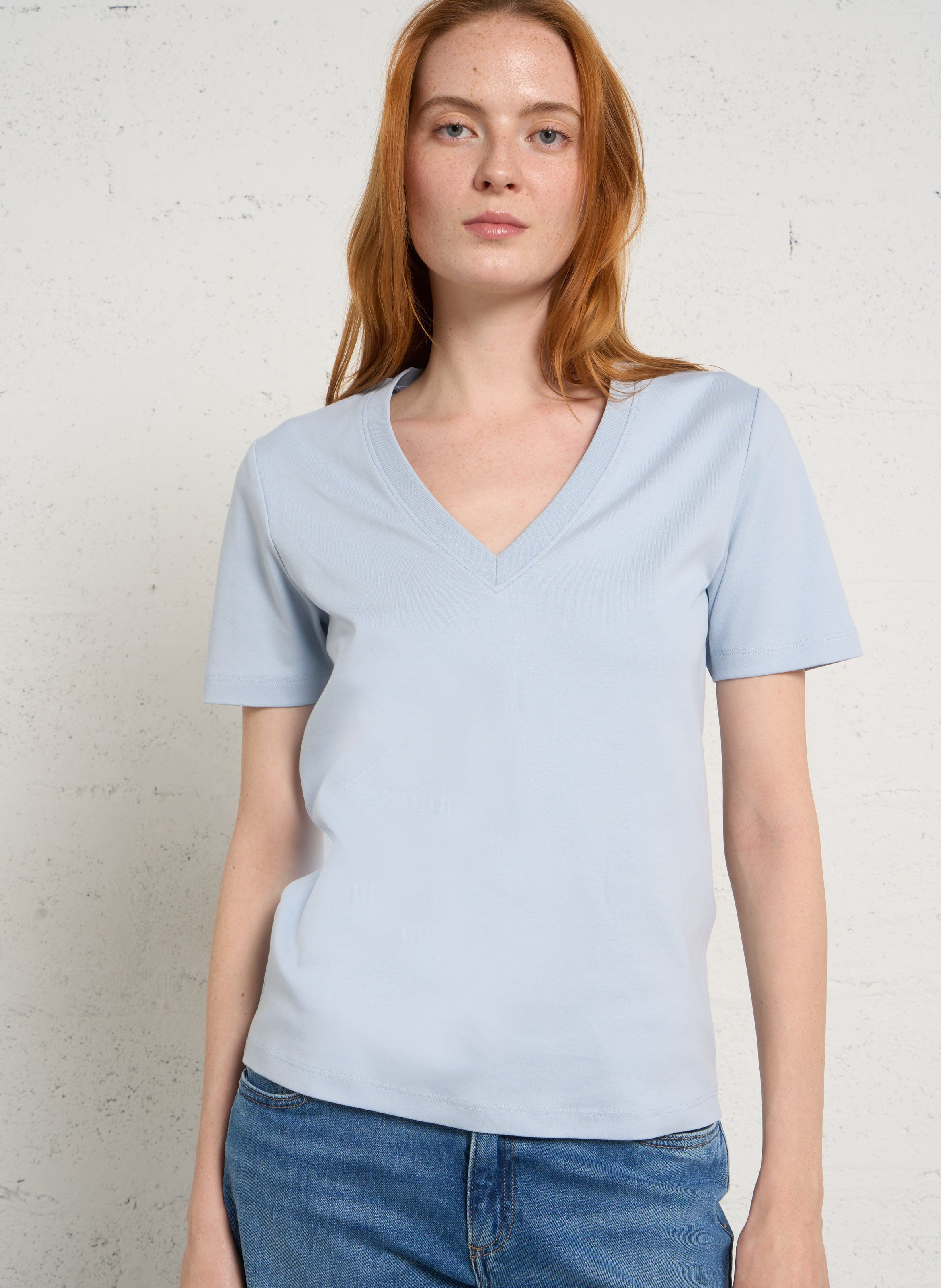 Tee-shirt droit col v en coton dana MAISON 123 Bleu