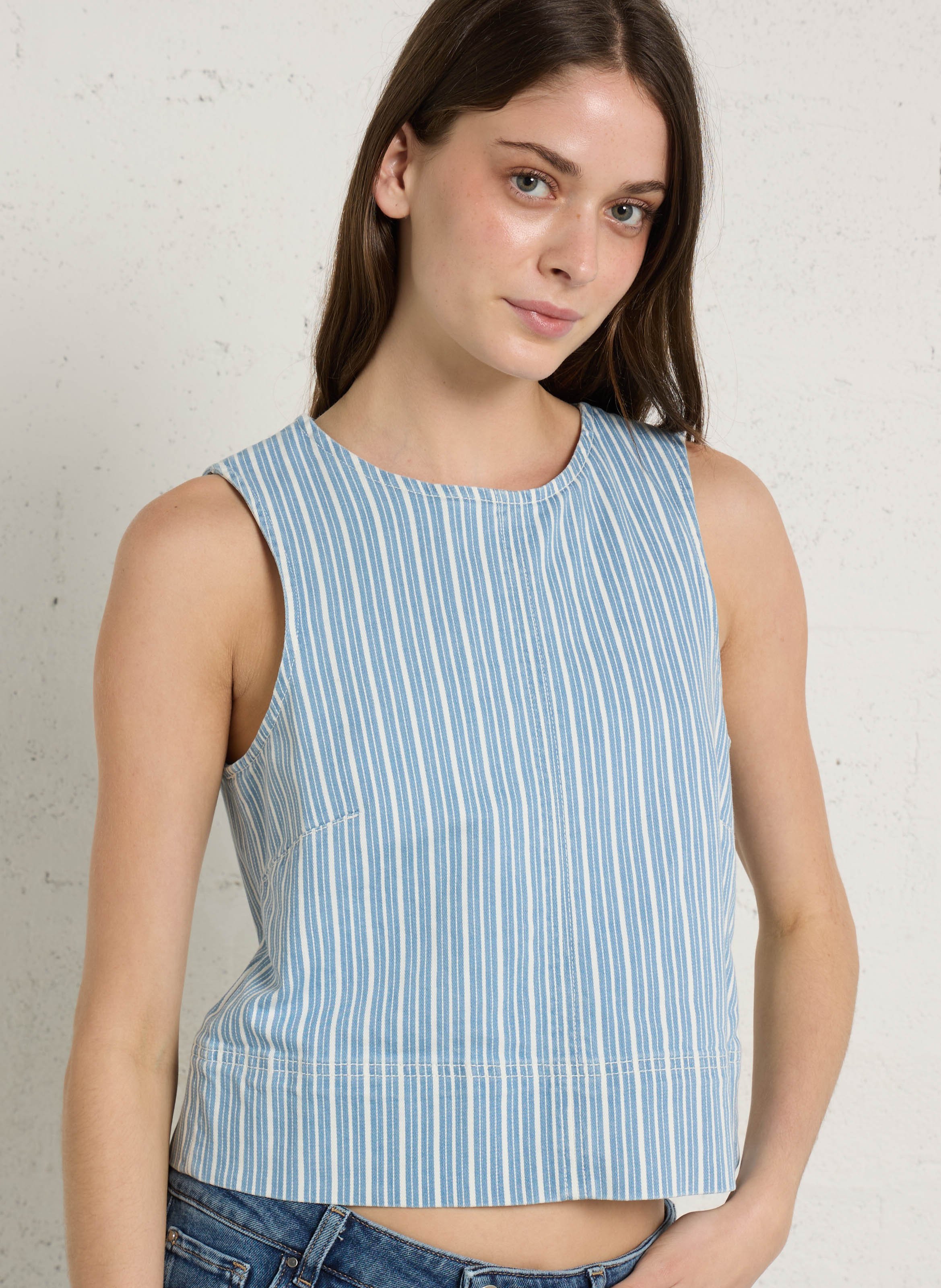 Top droit col rond en coton mélangé rayé denver MAISON 123 Bleu