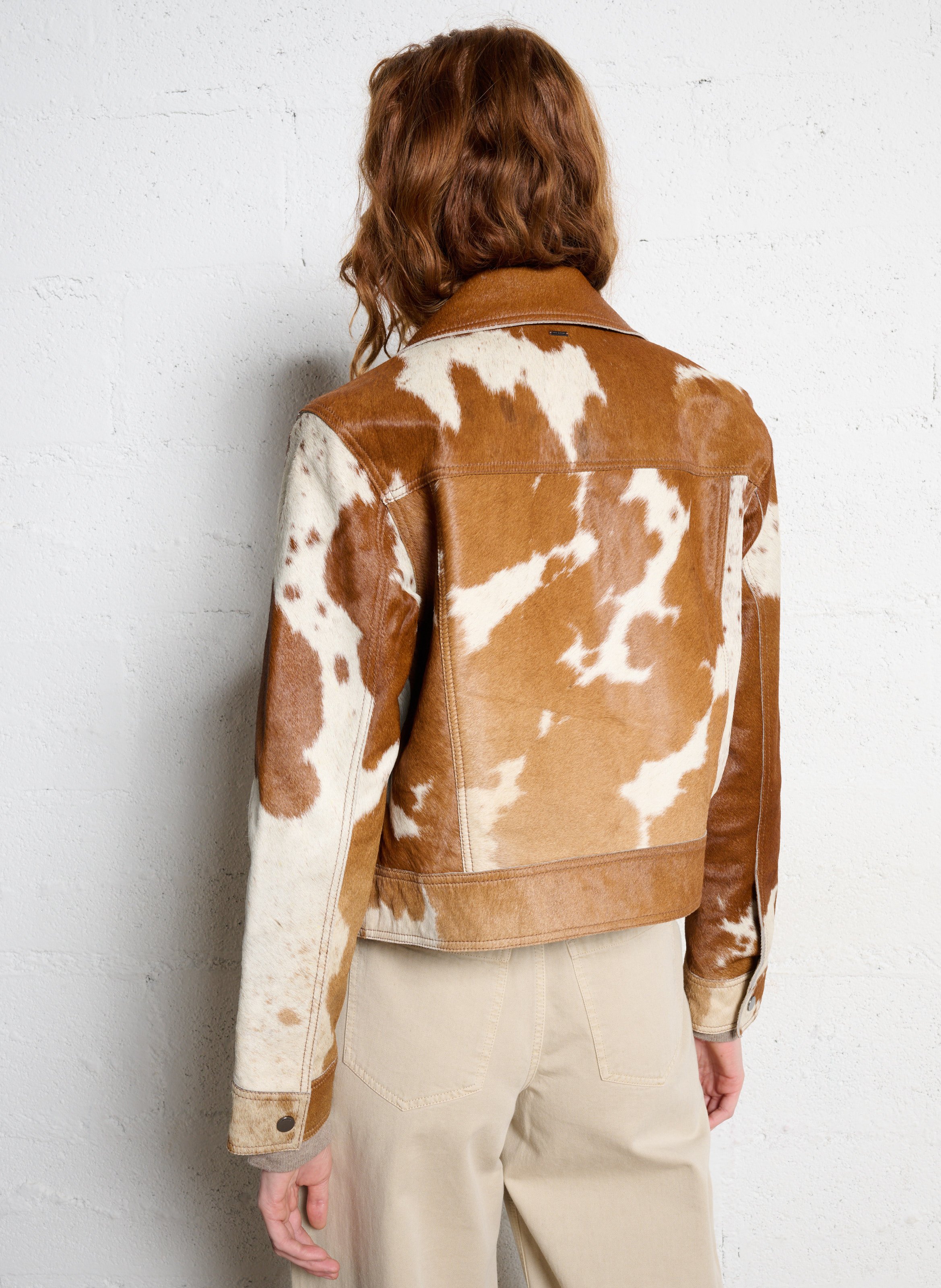Veste droite col classique en cuir imprimé IKKS Beige