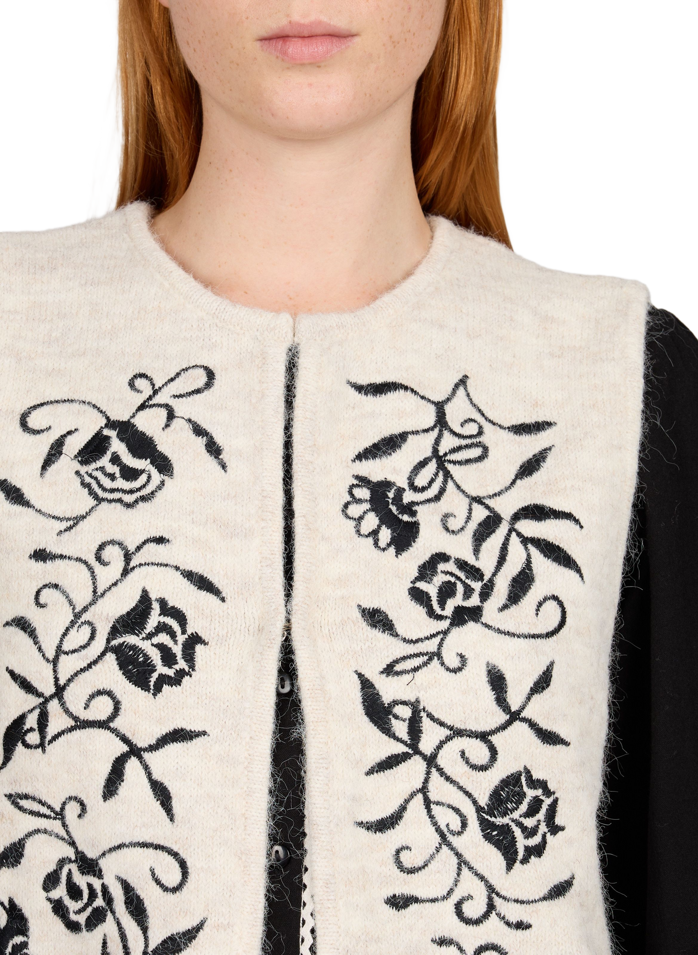 Gilet col rond droit brodé VILA Beige
