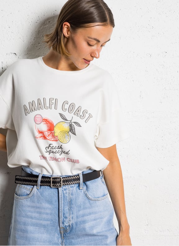 Tee-shirt ample col rond imprimé en coton Blanc by IKKS IKKS Tee-shirt ample col rond imprimé en coton Blanc