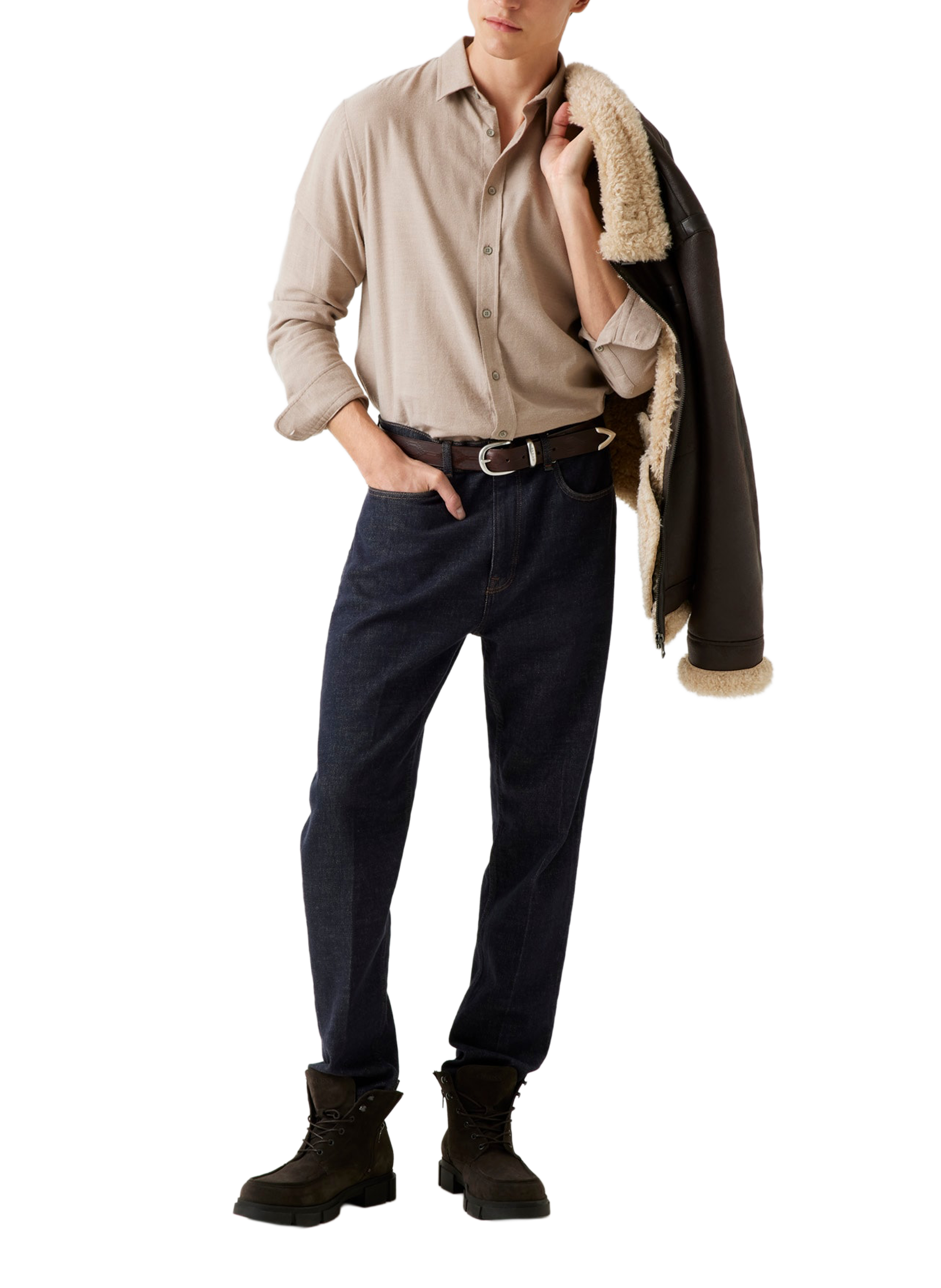 Chemise col classique manches contrastantes en coton GUESS Brown