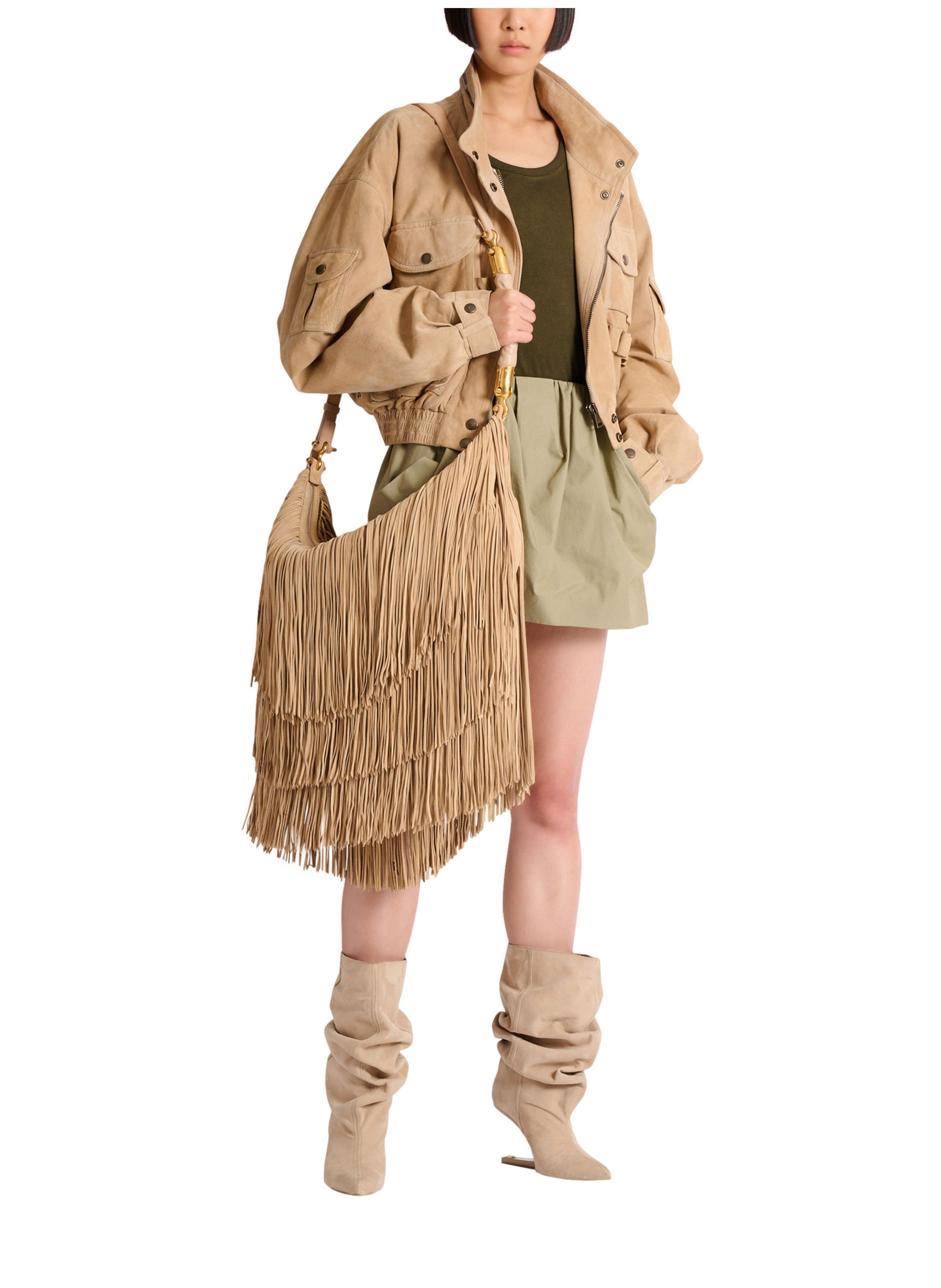 Sac ébène hobo large en cuir suédé à franges BALMAIN Beige