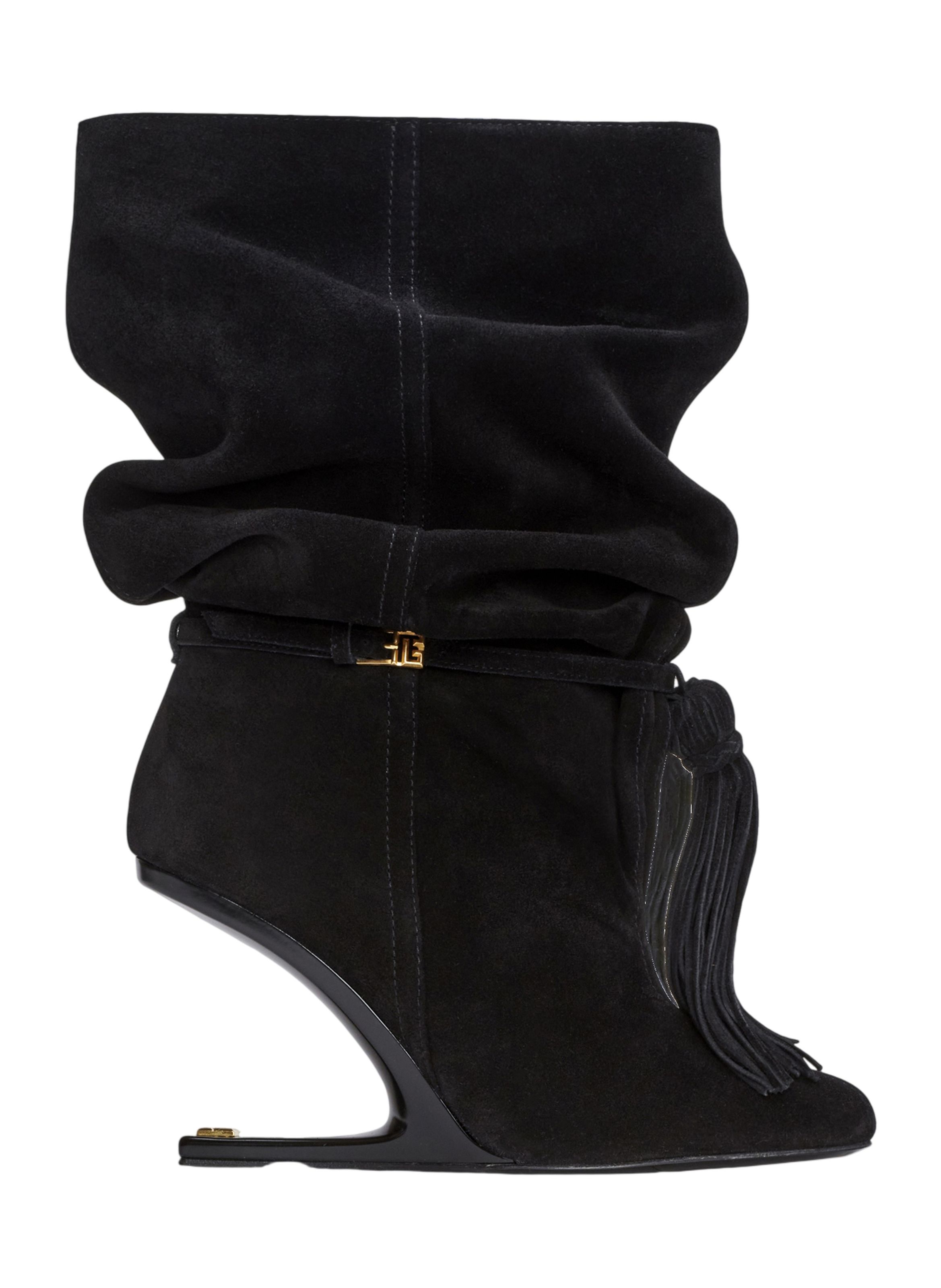 Bottines no wedge à pompon en cuir suédé BALMAIN Noir