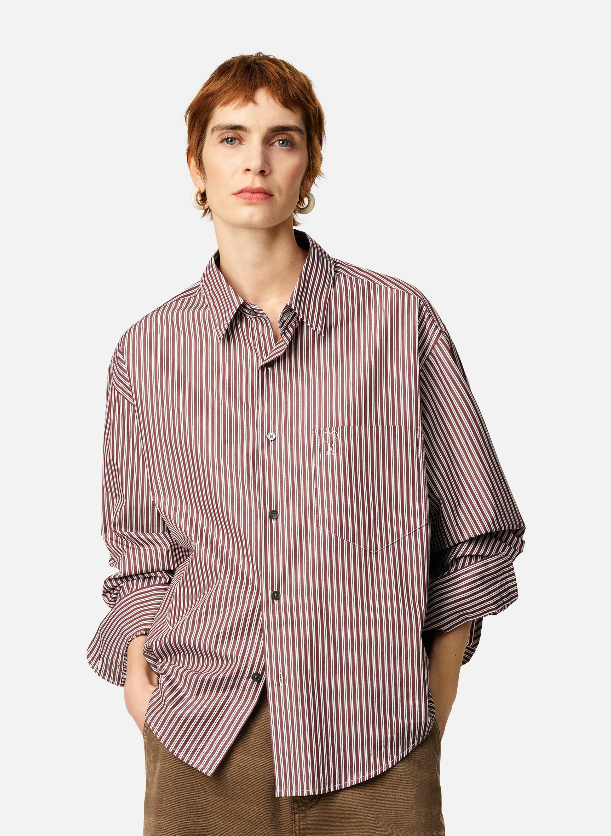 Chemise boxy rayée ami de coeur  en coton unisexe AMI PARIS Rouge