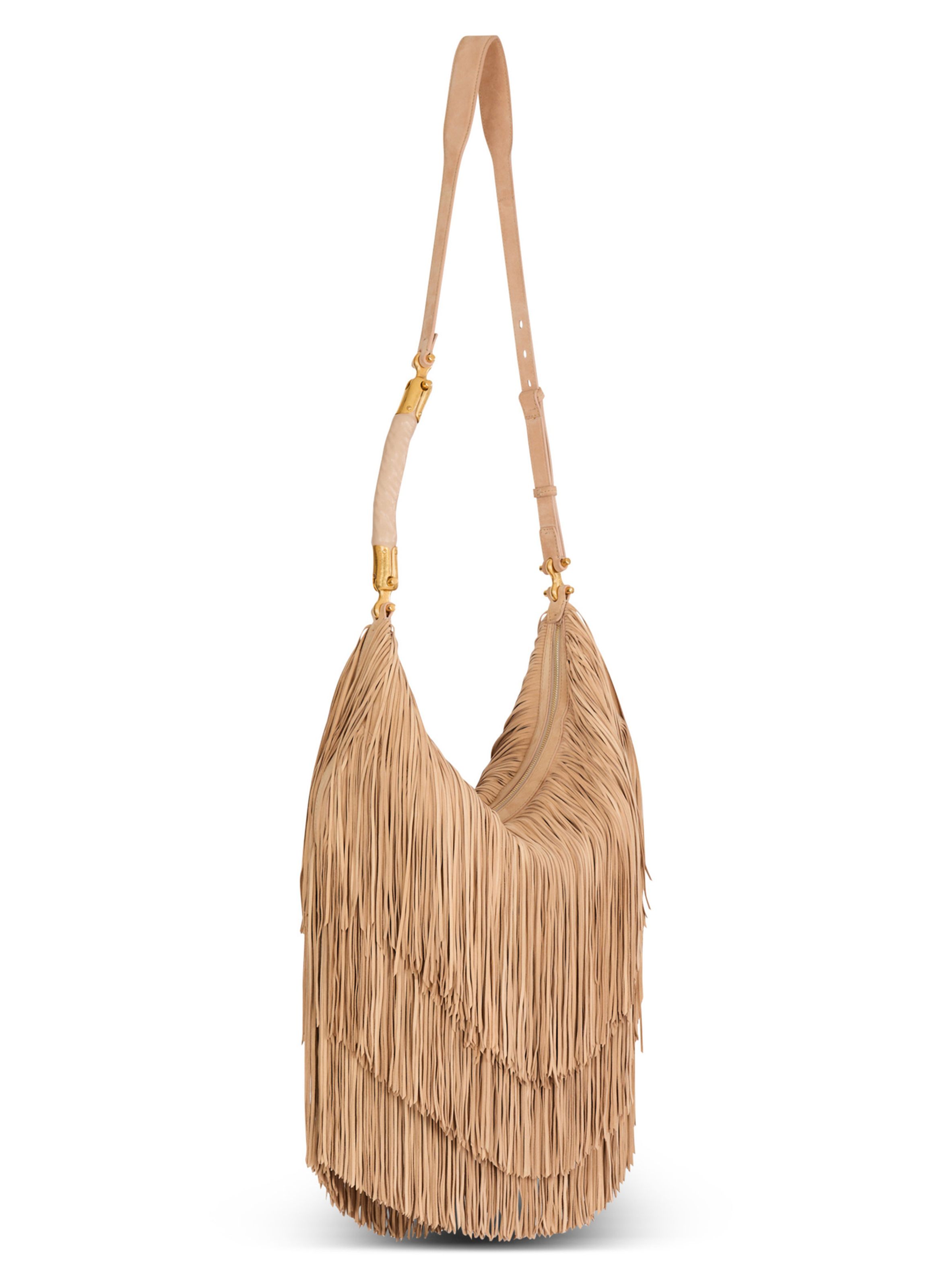 Sac ébène hobo large en cuir suédé à franges BALMAIN Beige