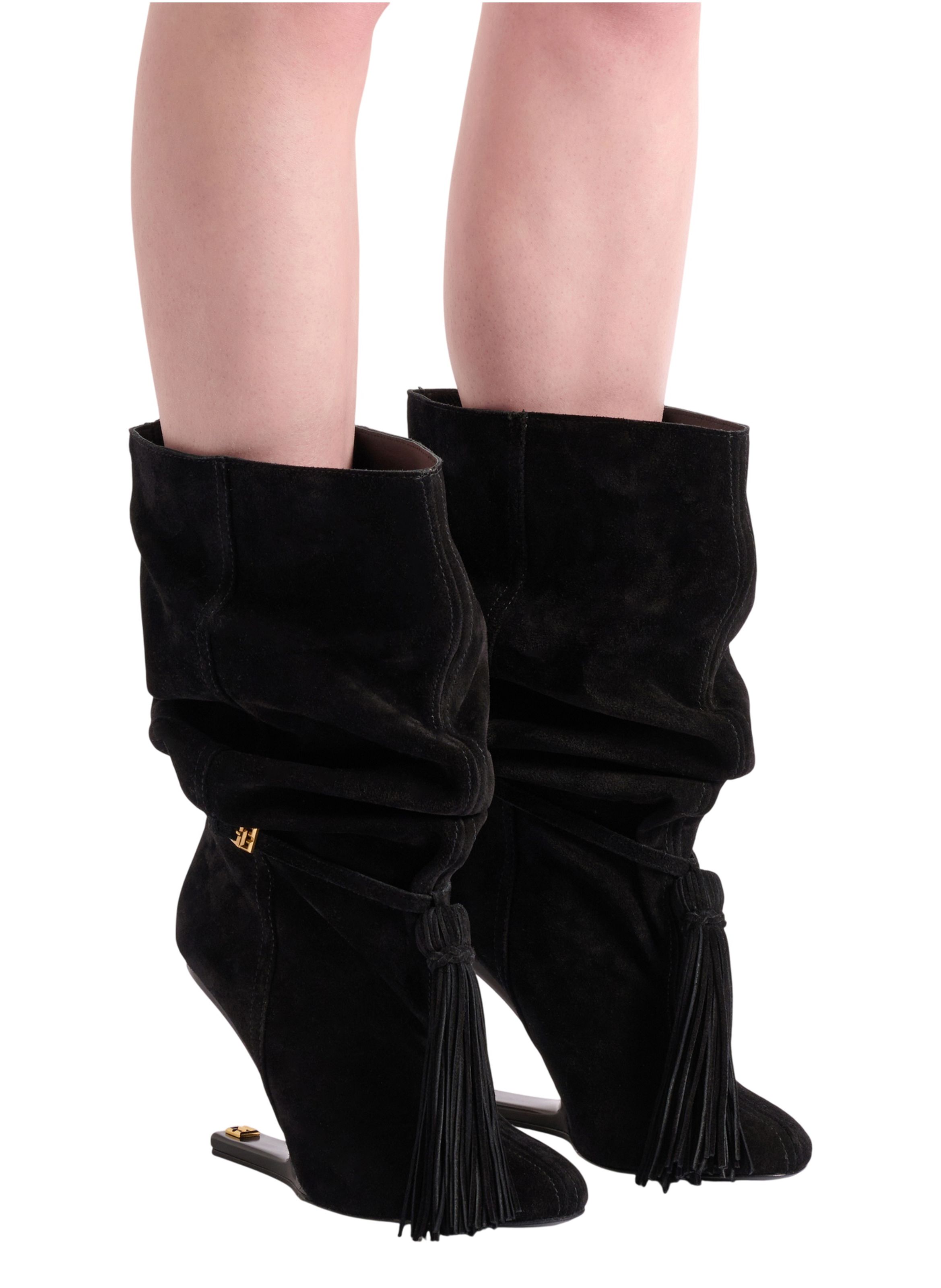Bottines no wedge à pompon en cuir suédé BALMAIN Noir