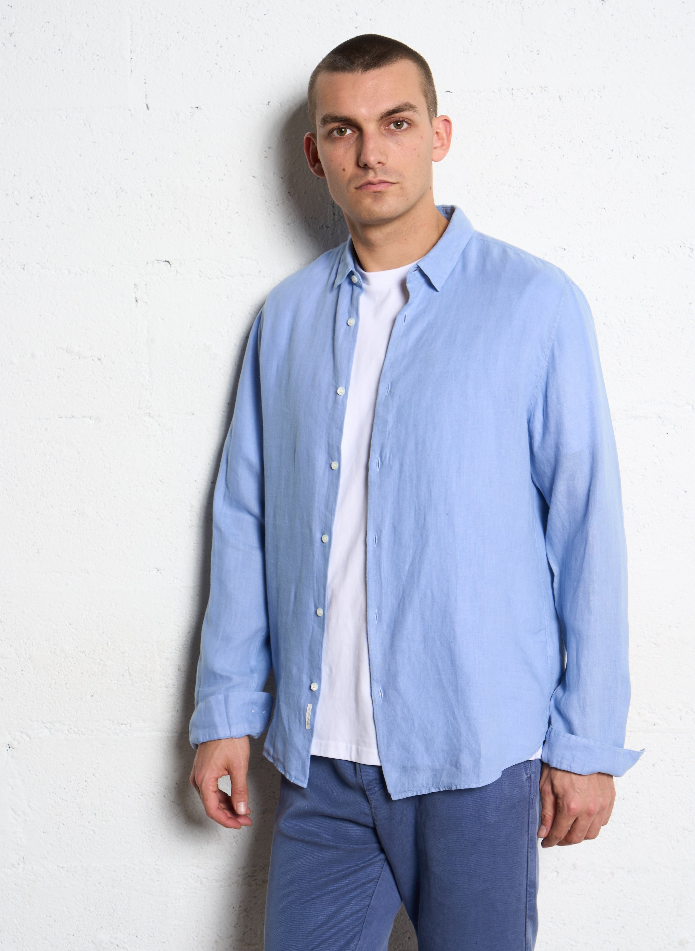 Chemise slim-fit col parisien en lin IKKS Bleu