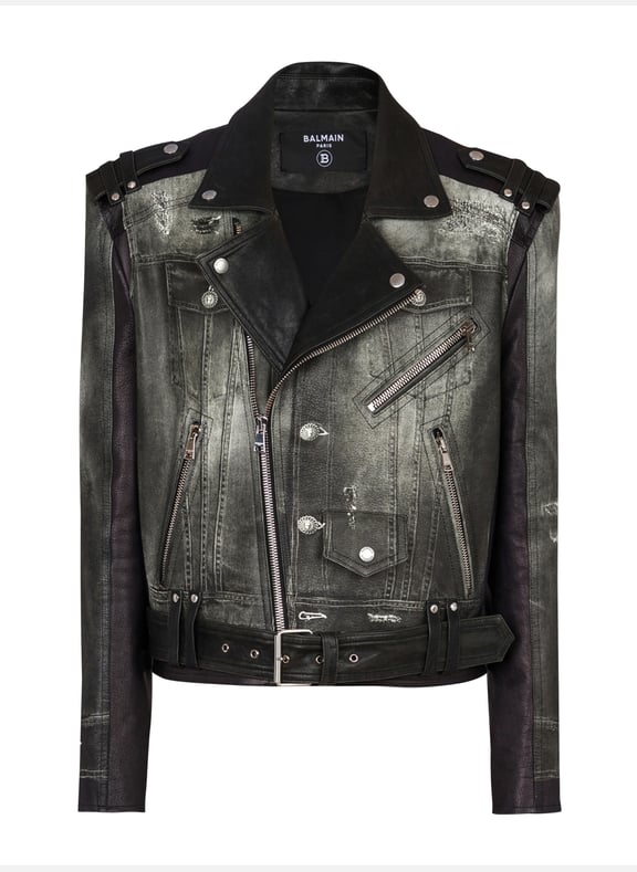 Veste biker en cuir imprimé trompe-l'œil denim Noir by BALMAIN BALMAIN Veste biker en cuir imprimé trompe-l'œil denim Noir
