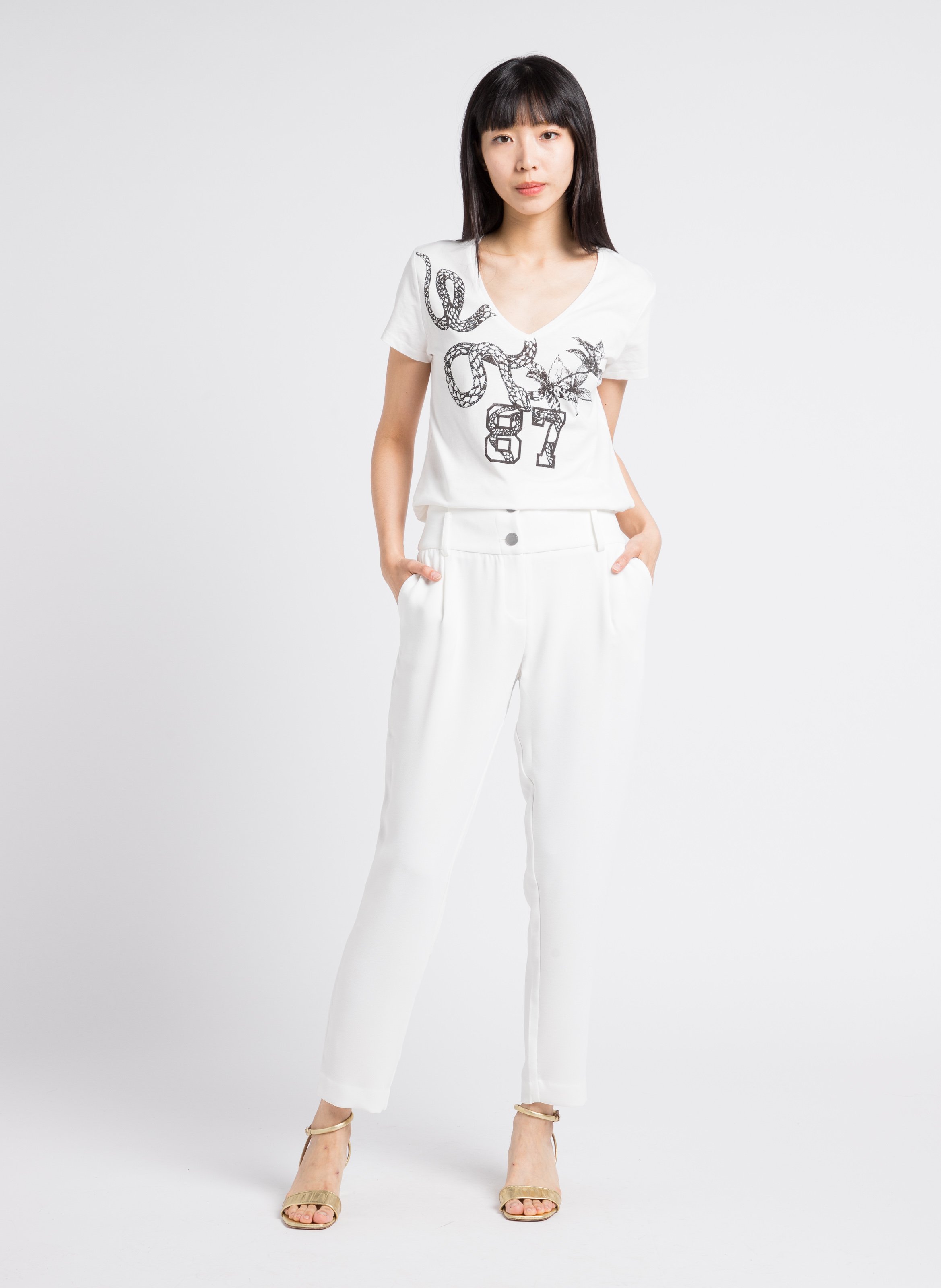 Pantalon carotte taille haute ceinturée IKKS Blanc