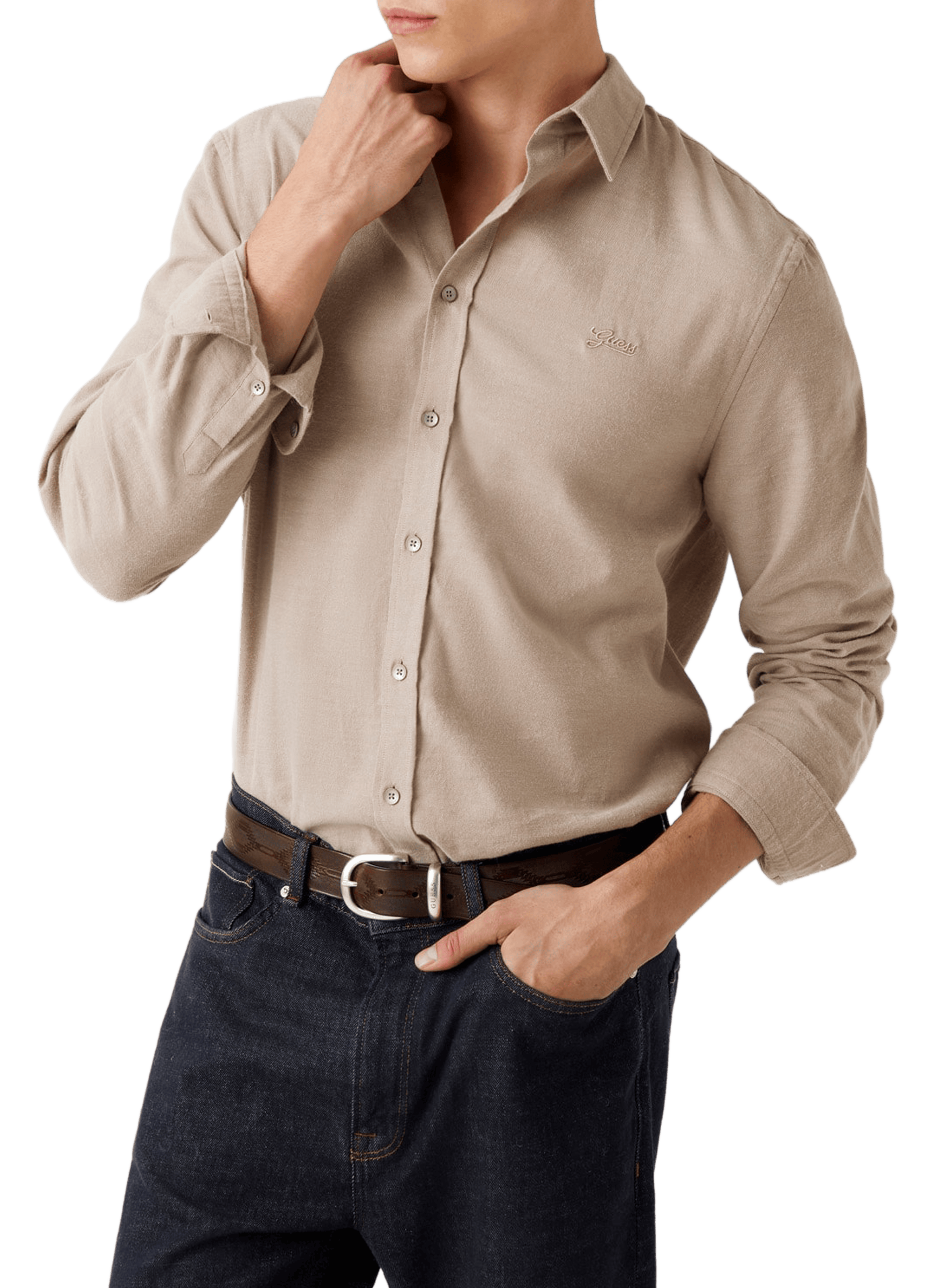 Chemise col classique manches contrastantes en coton GUESS Brown