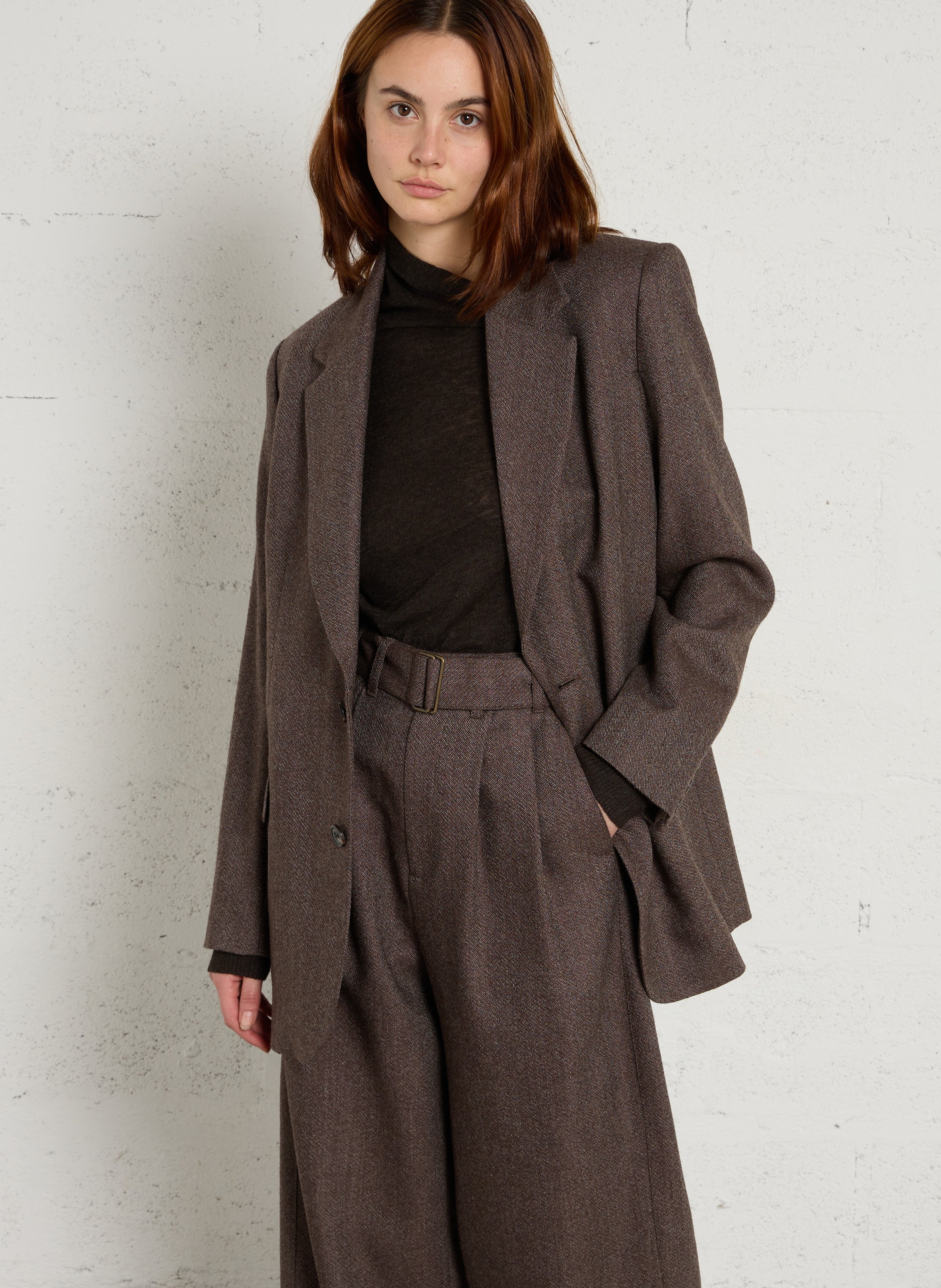 Veste tailleur droite en sergé de laine Dune SOEUR Marron