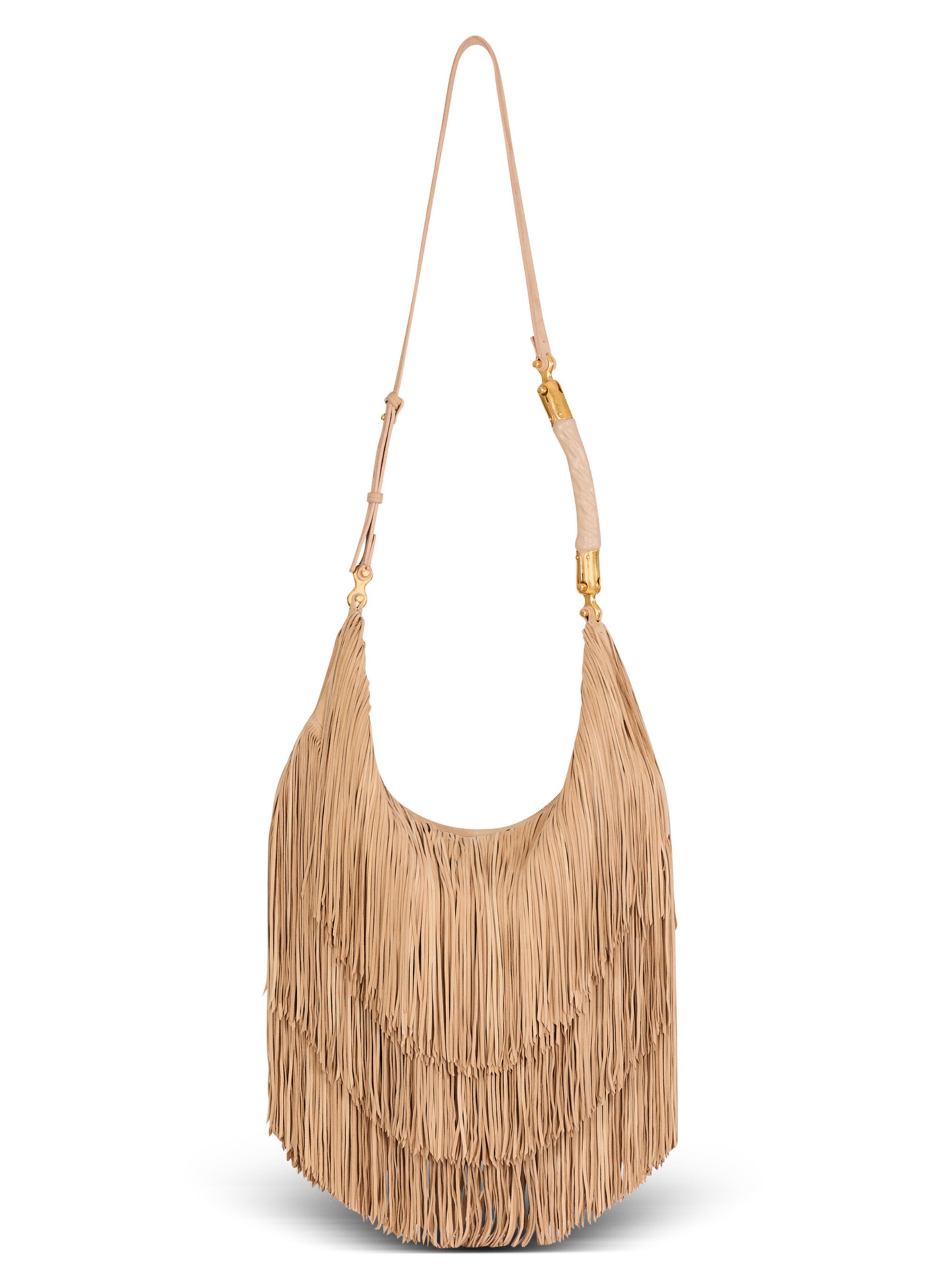Sac ébène hobo large en cuir suédé à franges BALMAIN Beige