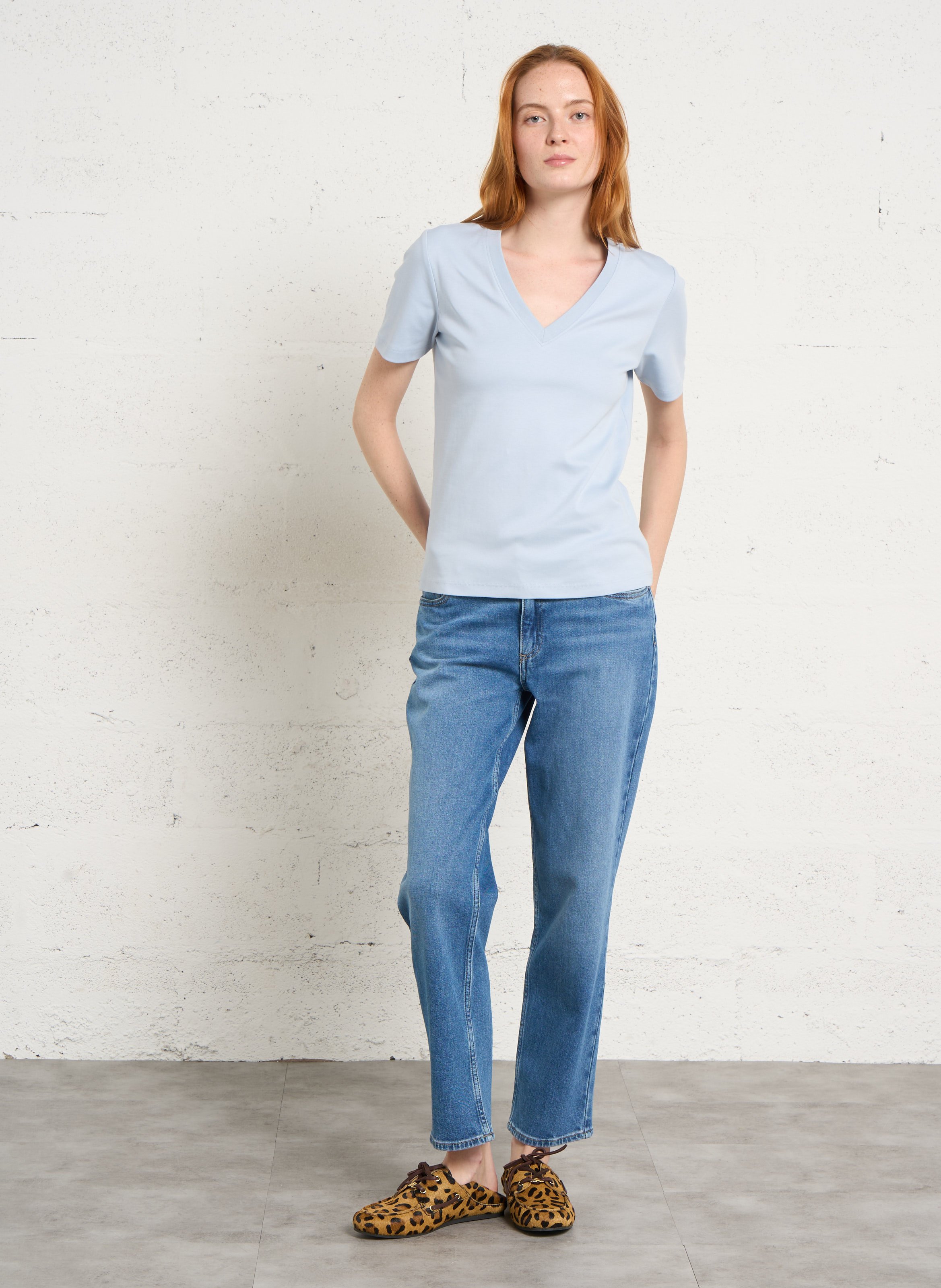 Tee-shirt droit col v en coton dana MAISON 123 Bleu
