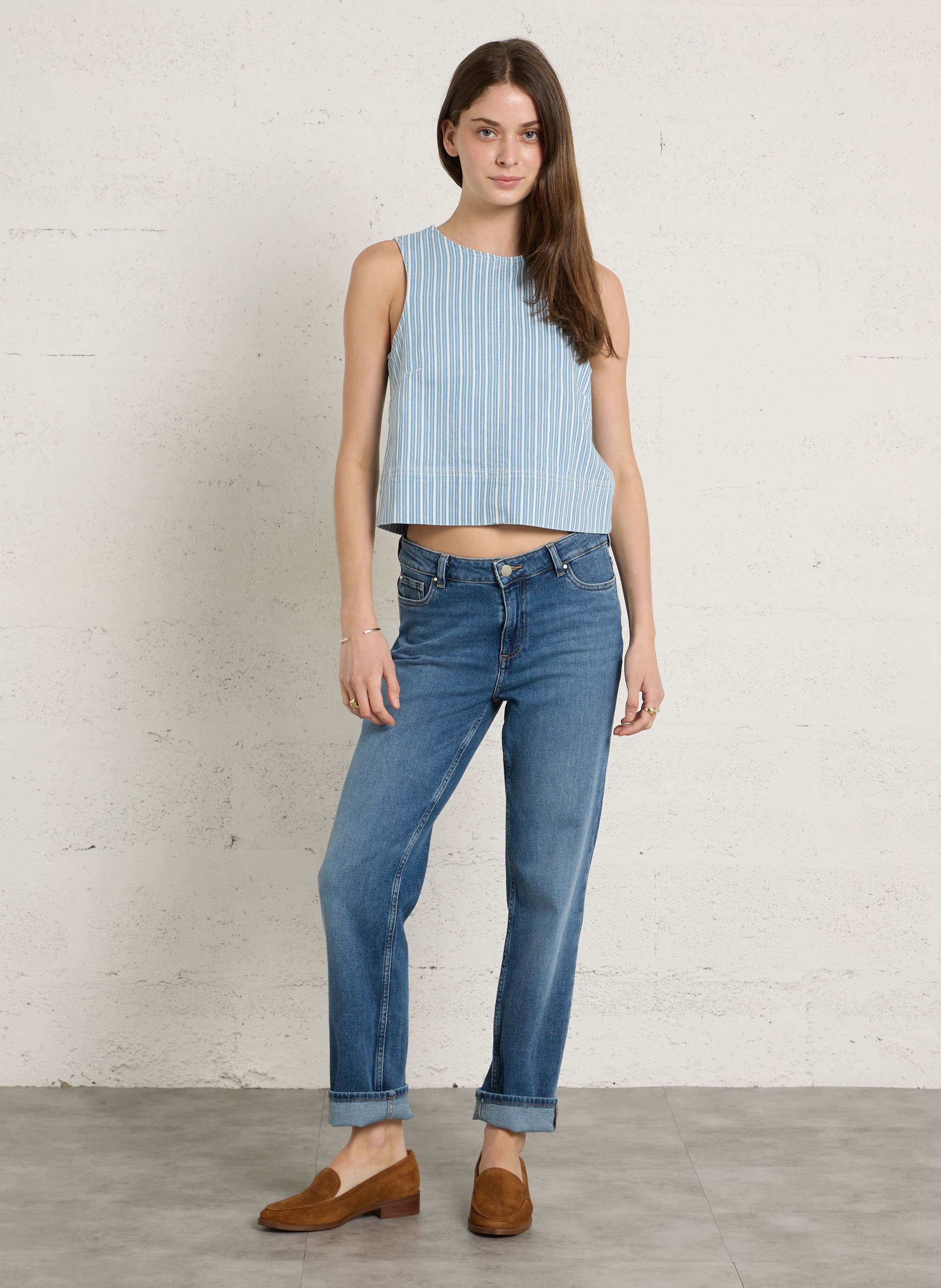 Top droit col rond en coton mélangé rayé denver MAISON 123 Bleu