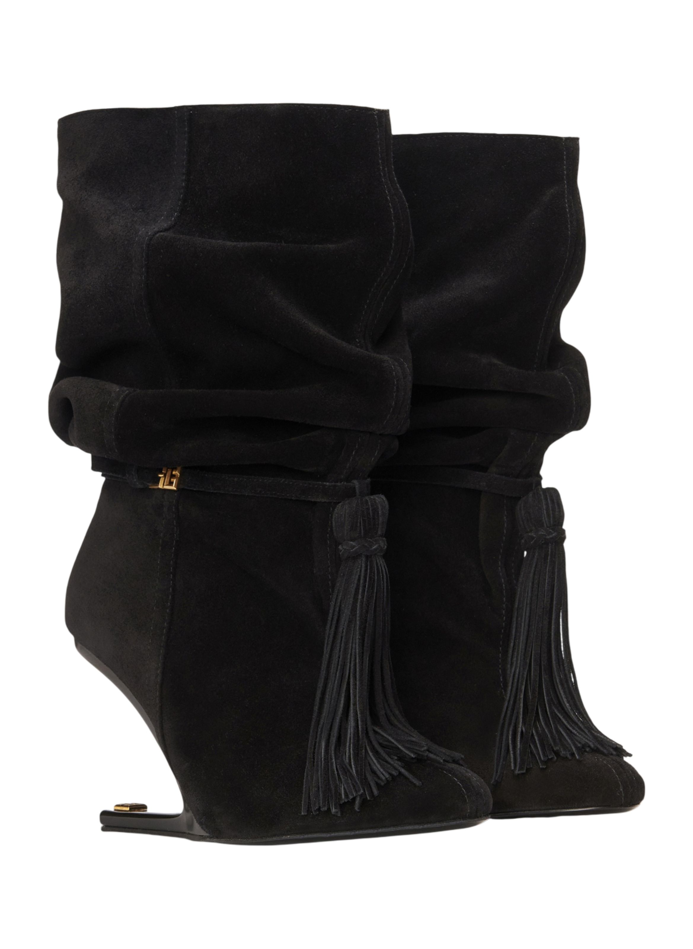 Bottines no wedge à pompon en cuir suédé BALMAIN Noir