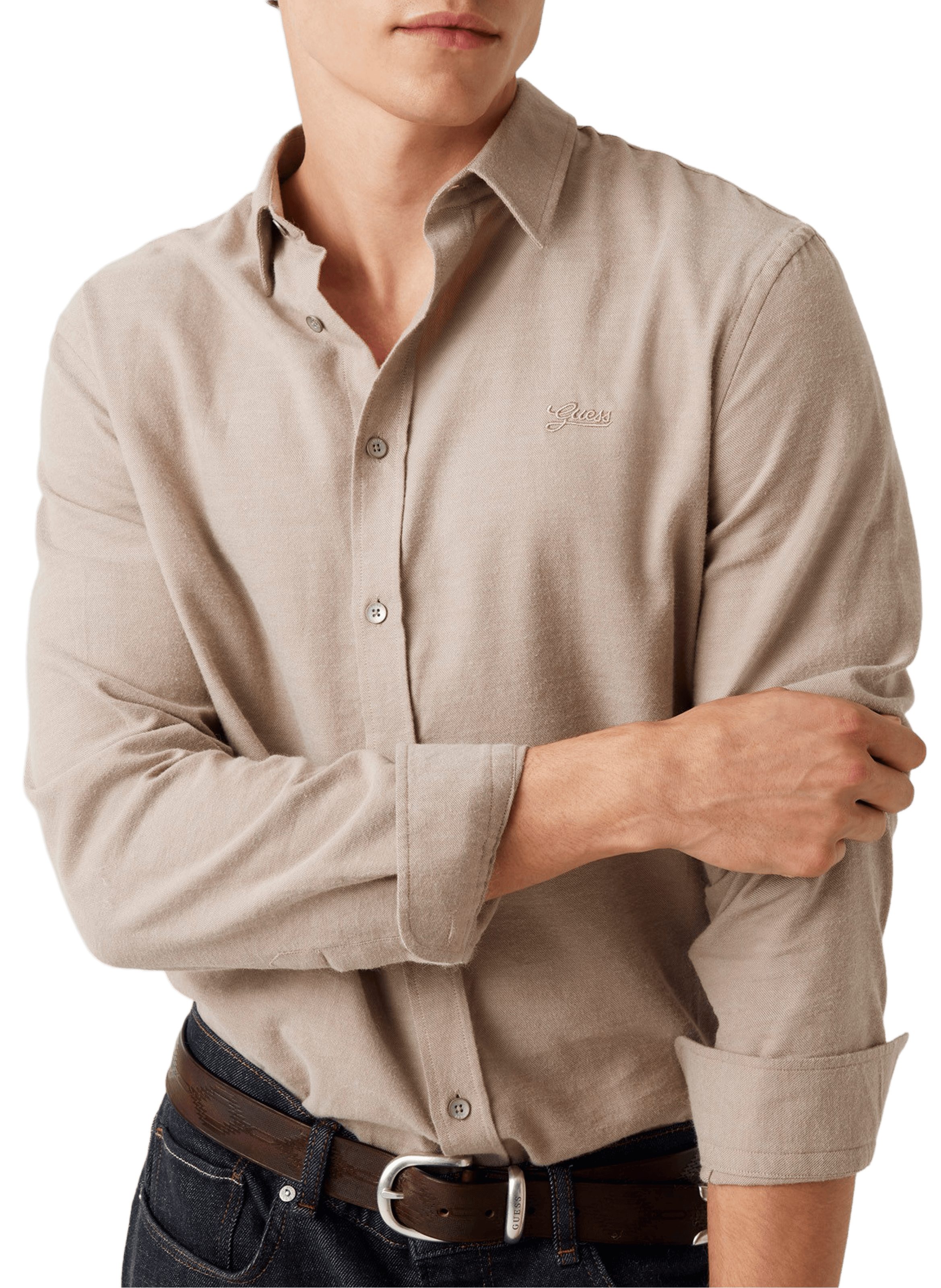 Chemise col classique manches contrastantes en coton GUESS Brown
