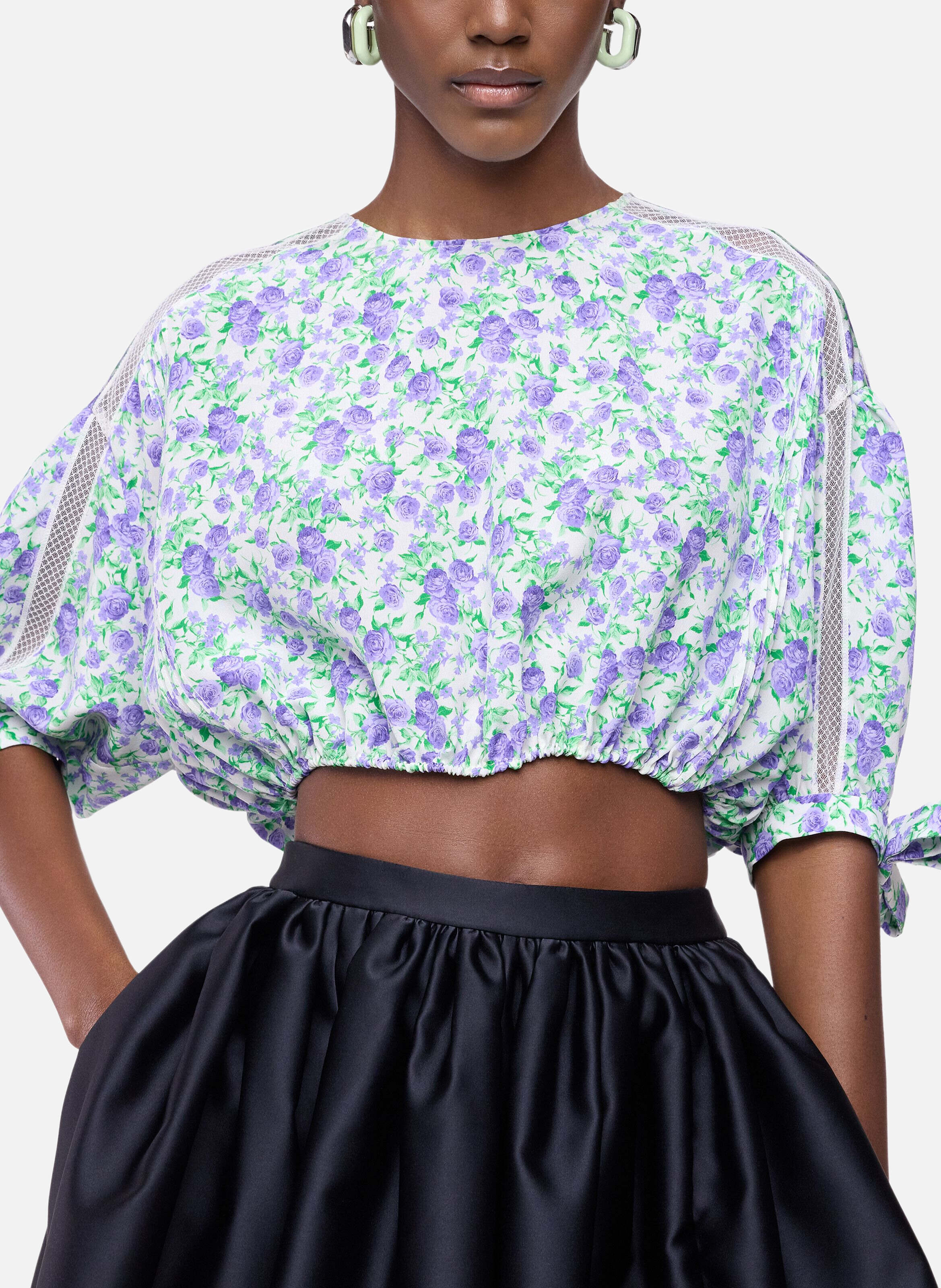 Top court en crêpe de viscose imprimé liberty avec manches bouffantes RABANNE Bleu