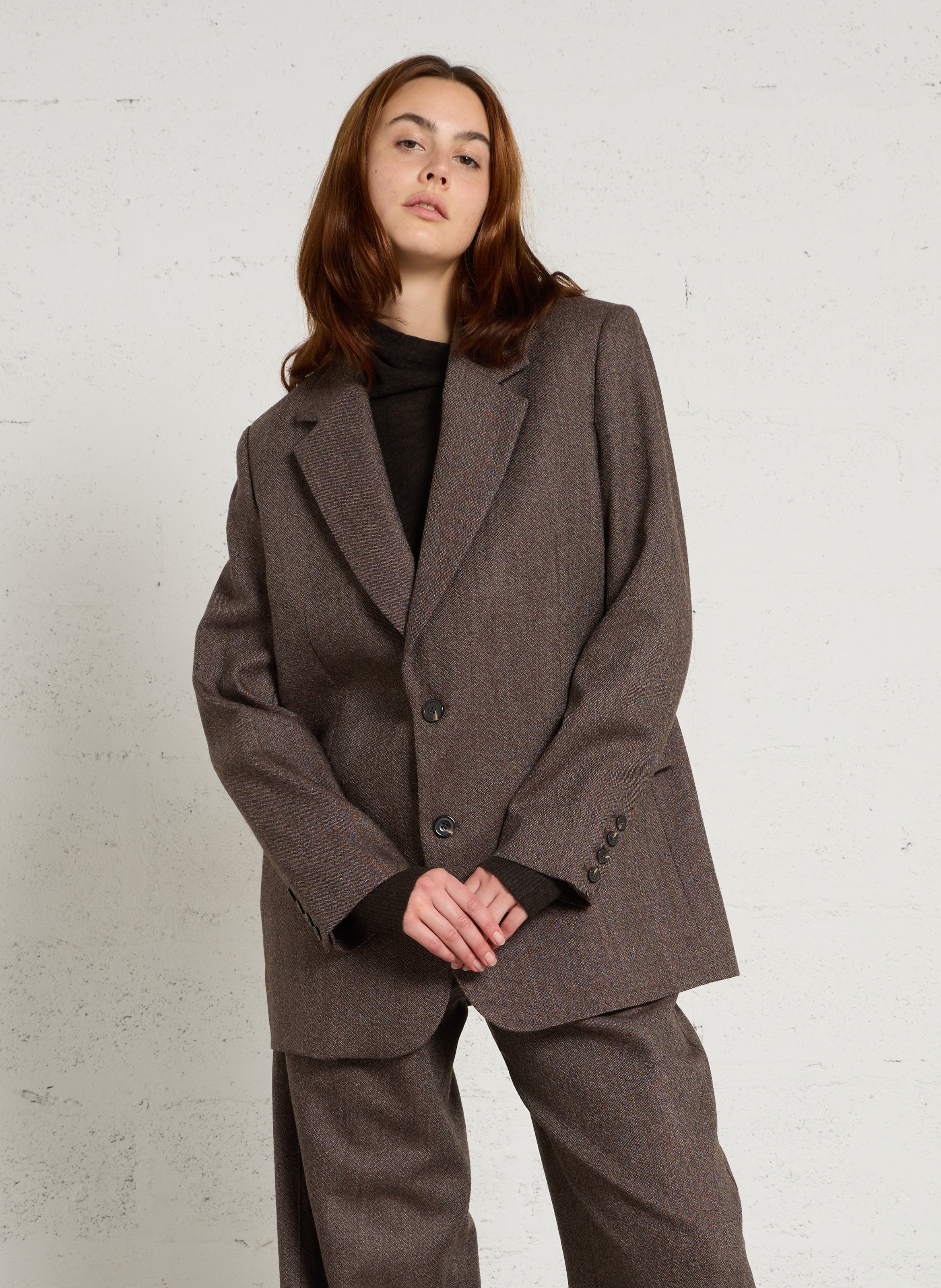 Veste tailleur droite en sergé de laine Dune SOEUR Marron