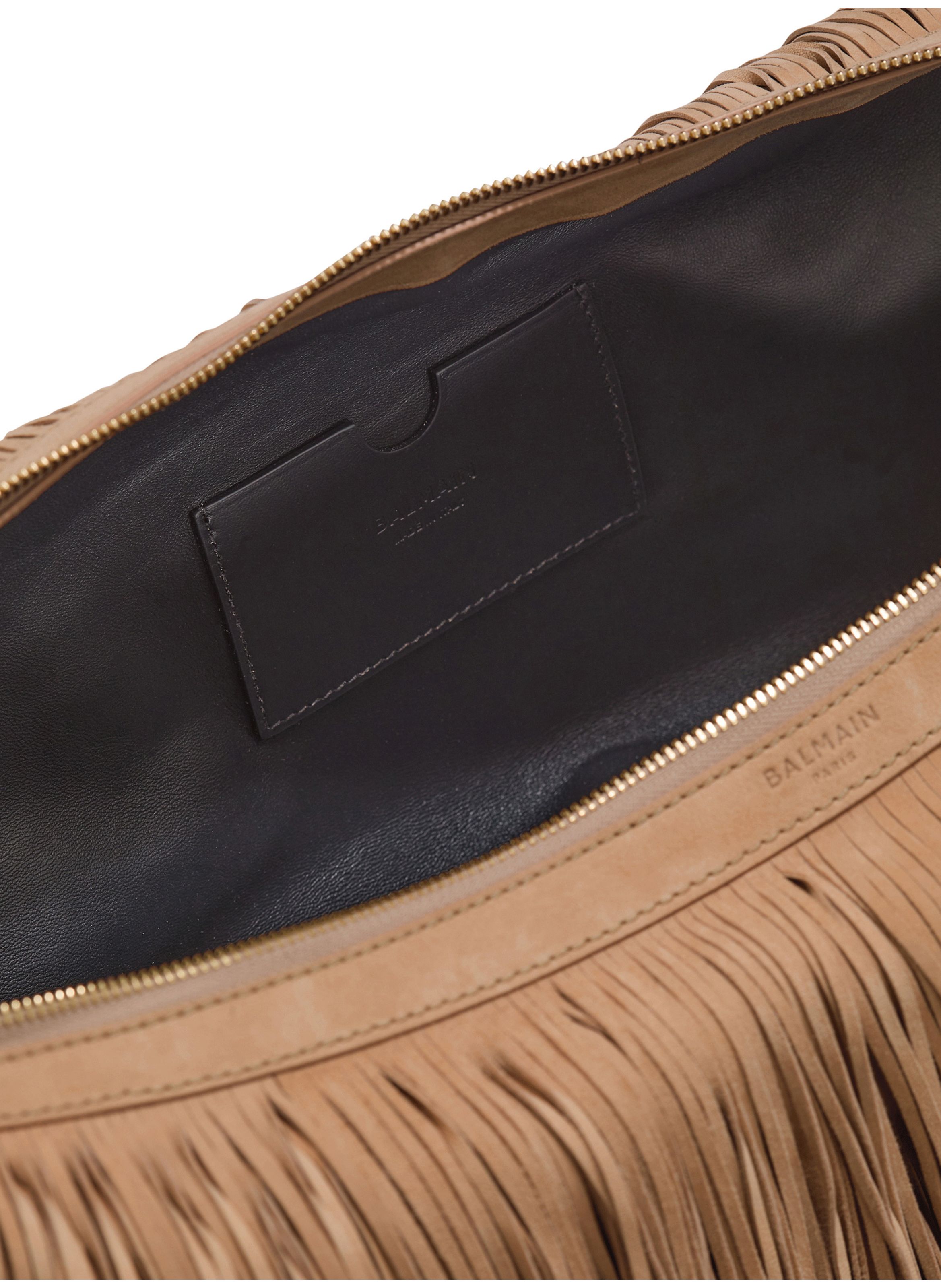 Sac ébène hobo large en cuir suédé à franges BALMAIN Beige