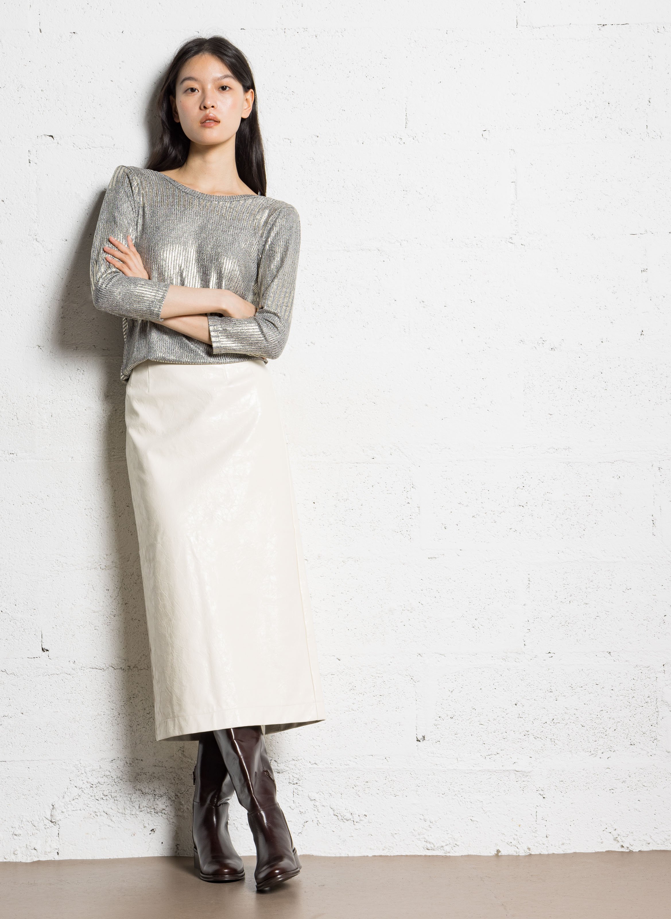 Top ajusté col rond en maille côtelée IKKS Doré