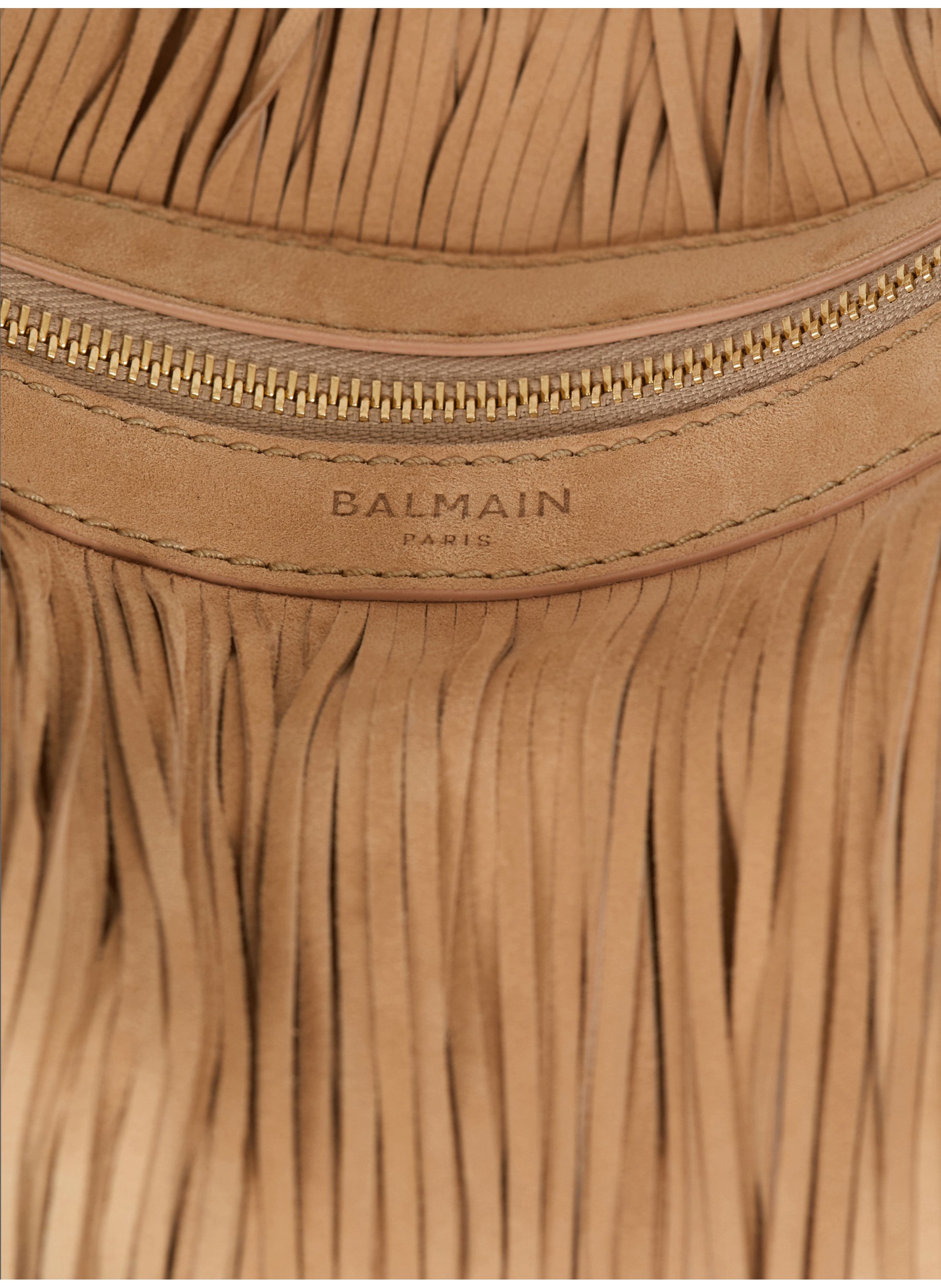 Sac ébène hobo large en cuir suédé à franges BALMAIN Beige