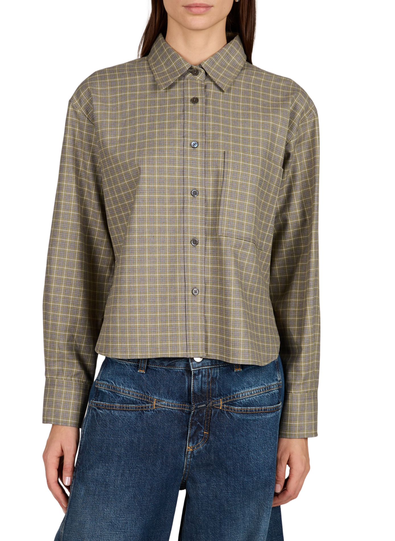 Straight classic collar checked shirt in blended cotton CLOSED Green