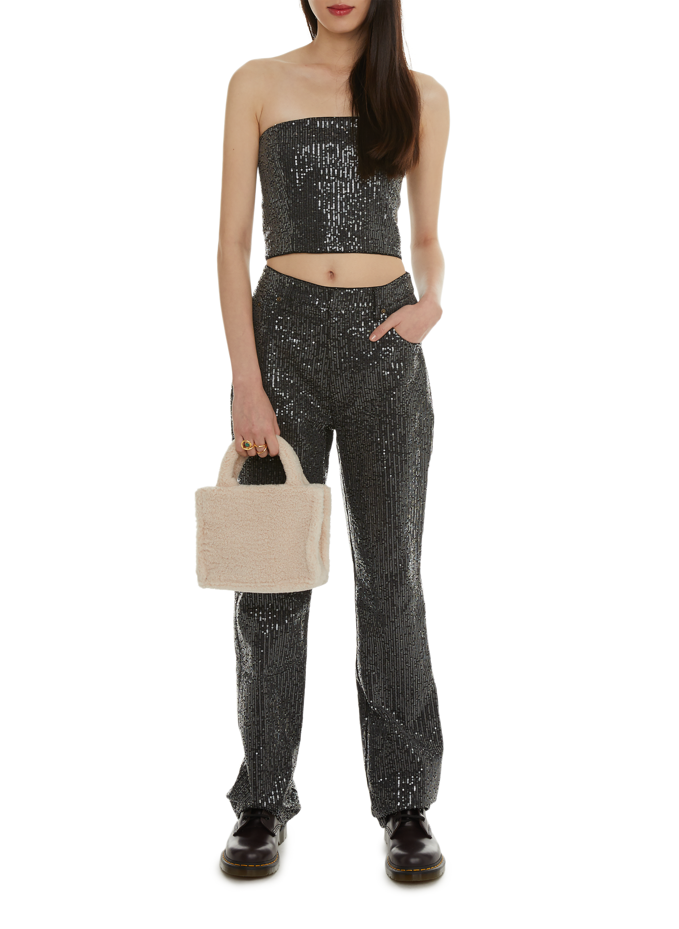 Top à paillettes ROTATE Noir