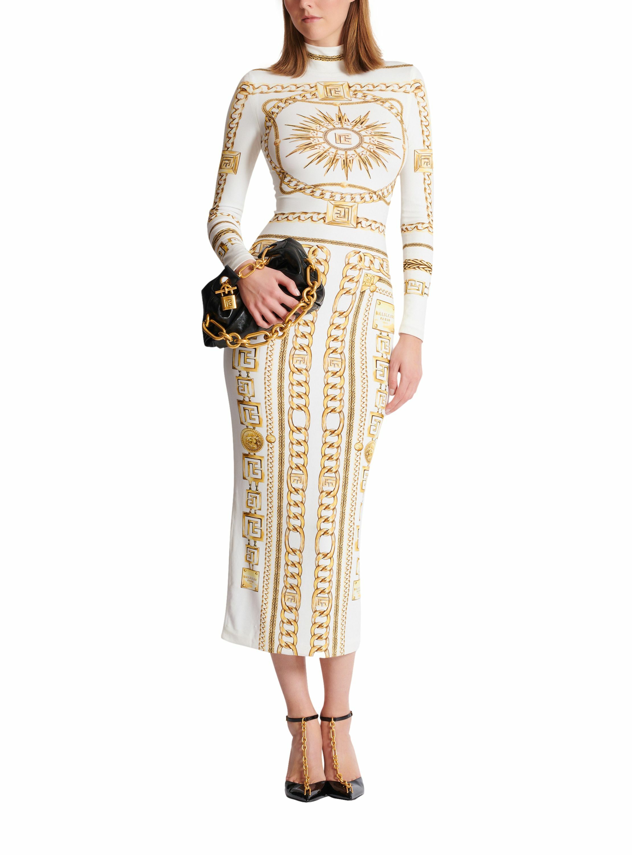 Robe bodycon longue imprimée motif balmain foulard BALMAIN Doré