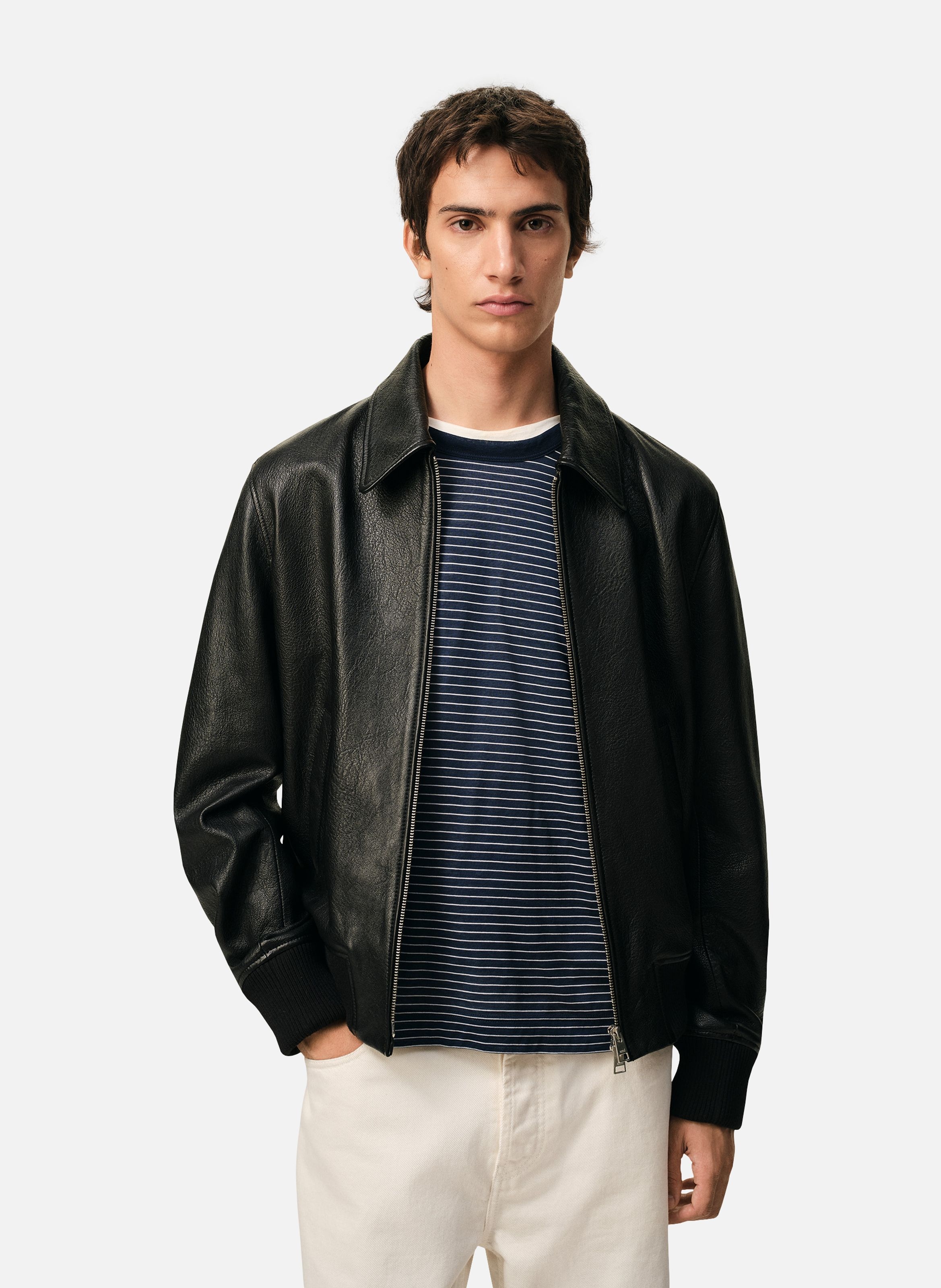 Veste zippée en cuir d'agneau AMI PARIS Noir