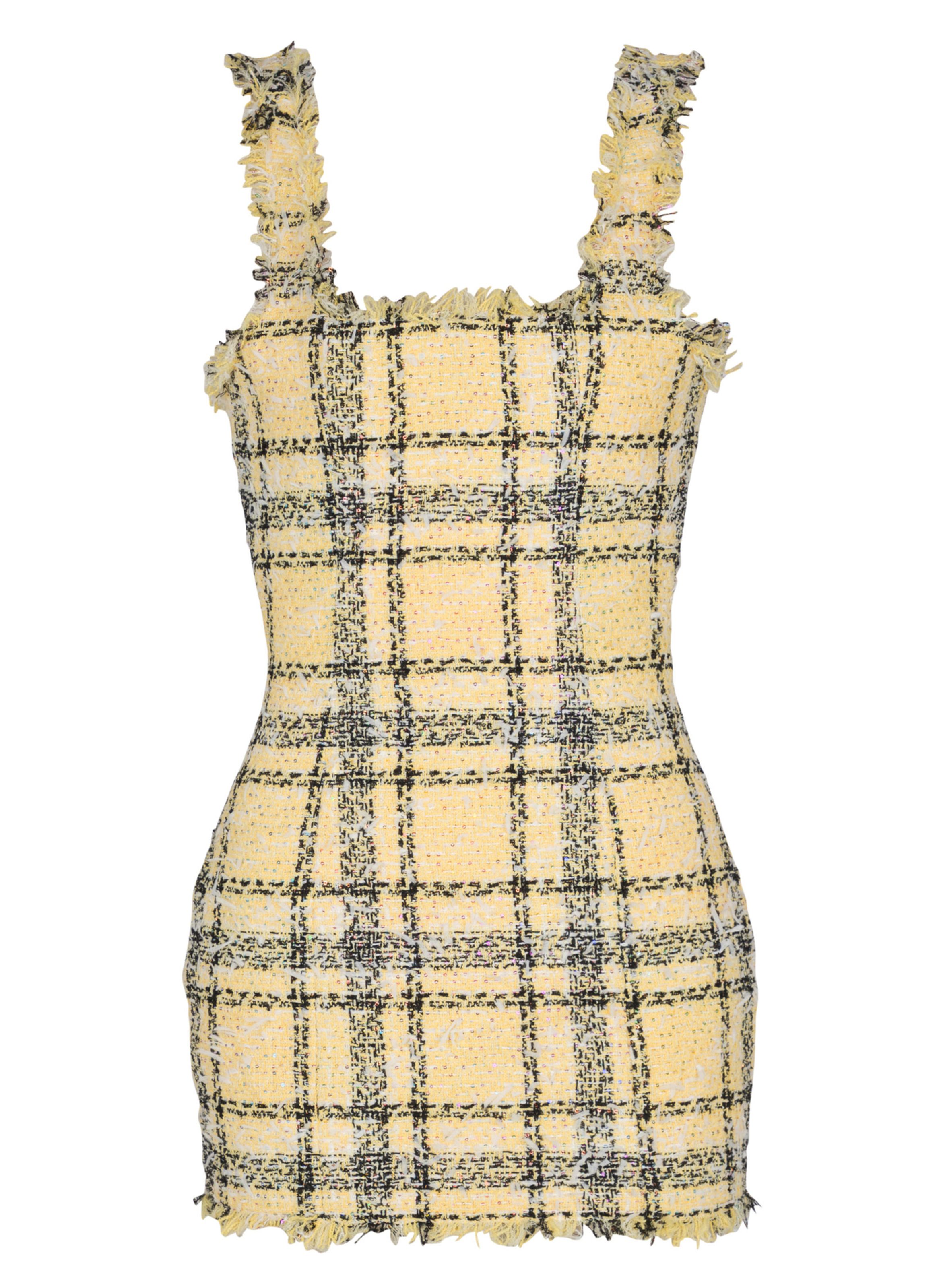 Robe courte en tweed à paillettes à fines bretelles BALMAIN Jaune