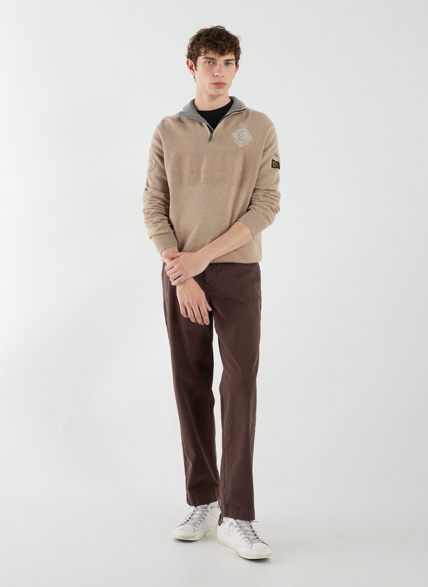 Pull à col zippé en laine et coton LA MARTINA Beige