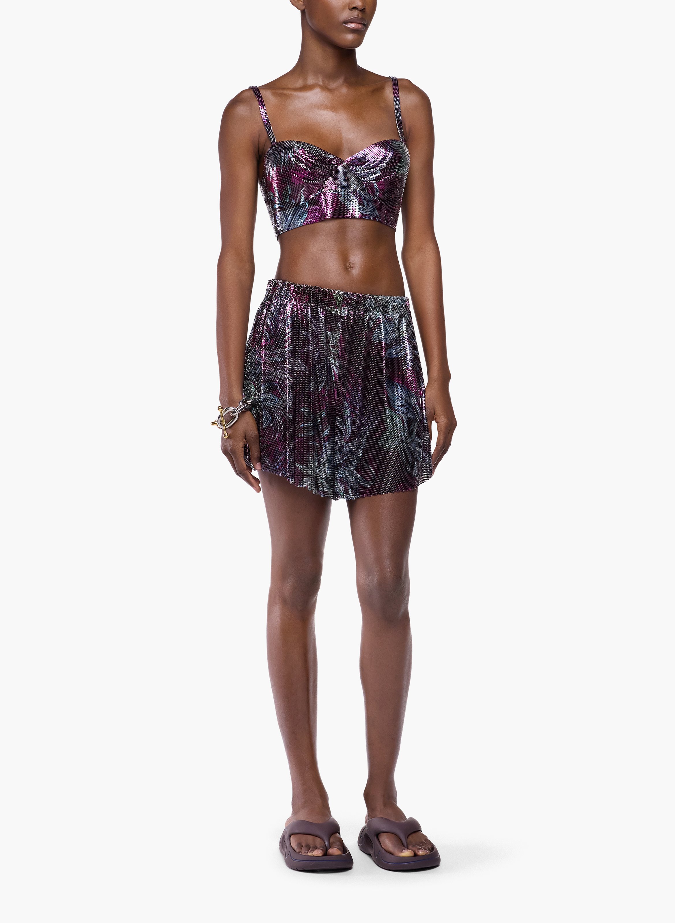 Brassière sans manches en mesh imprimée palmier RABANNE Bleu