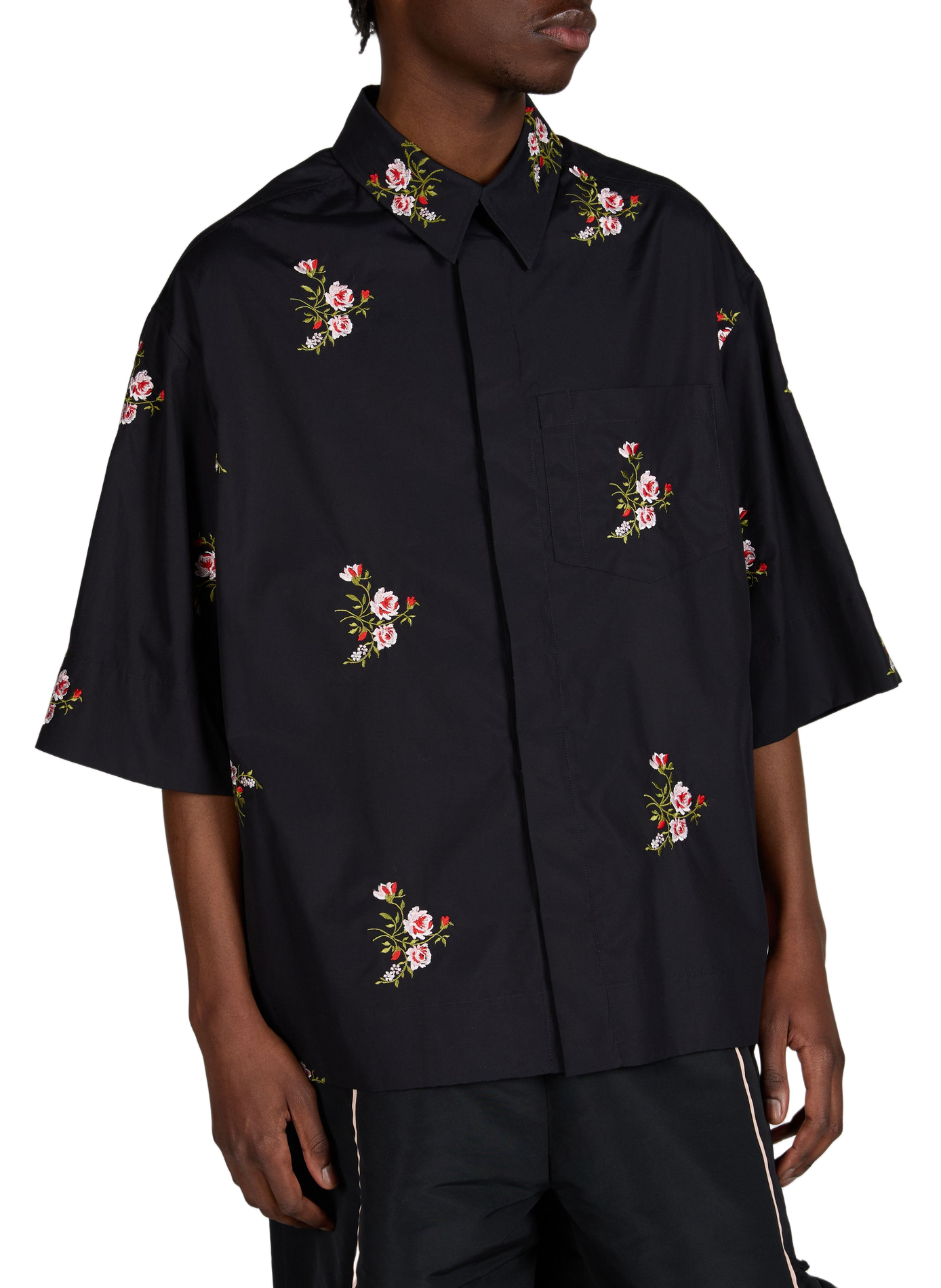 Short-sleeved cotton shirt with floral embroidery. SIMONE ROCHA Black