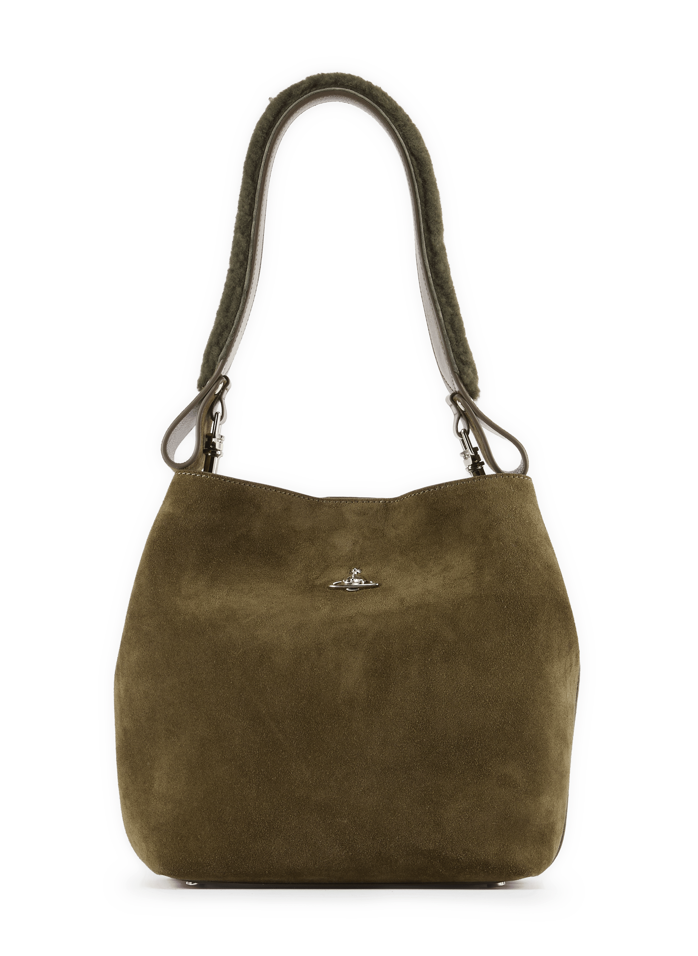 Eimer-Tasche mit Orb-Plakette aus Kalbsleder. VIVIENNE WESTWOOD Grun