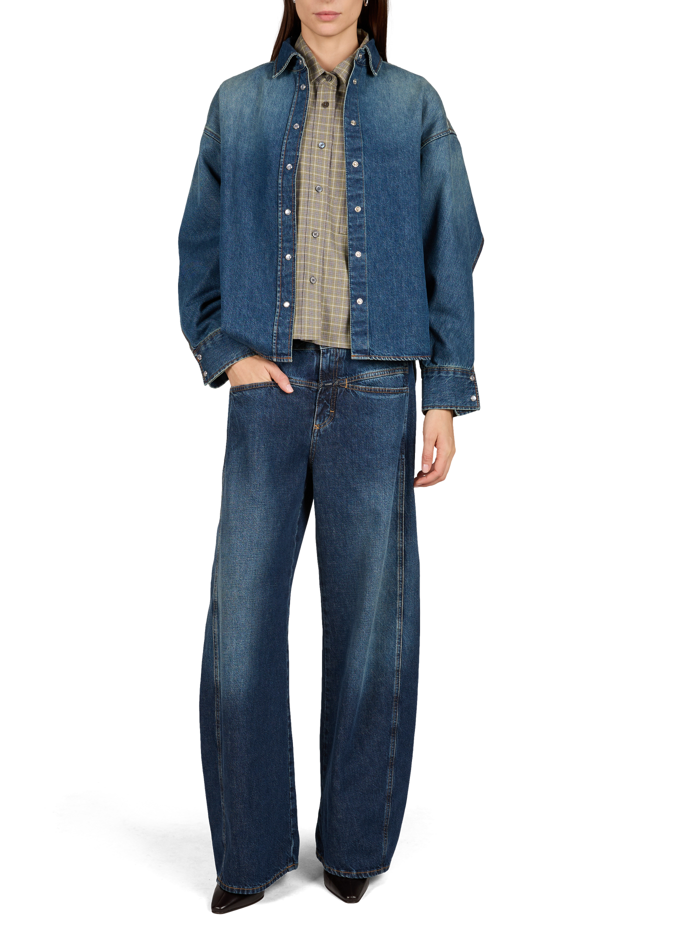 Straight classic collar checked shirt in blended cotton CLOSED Green