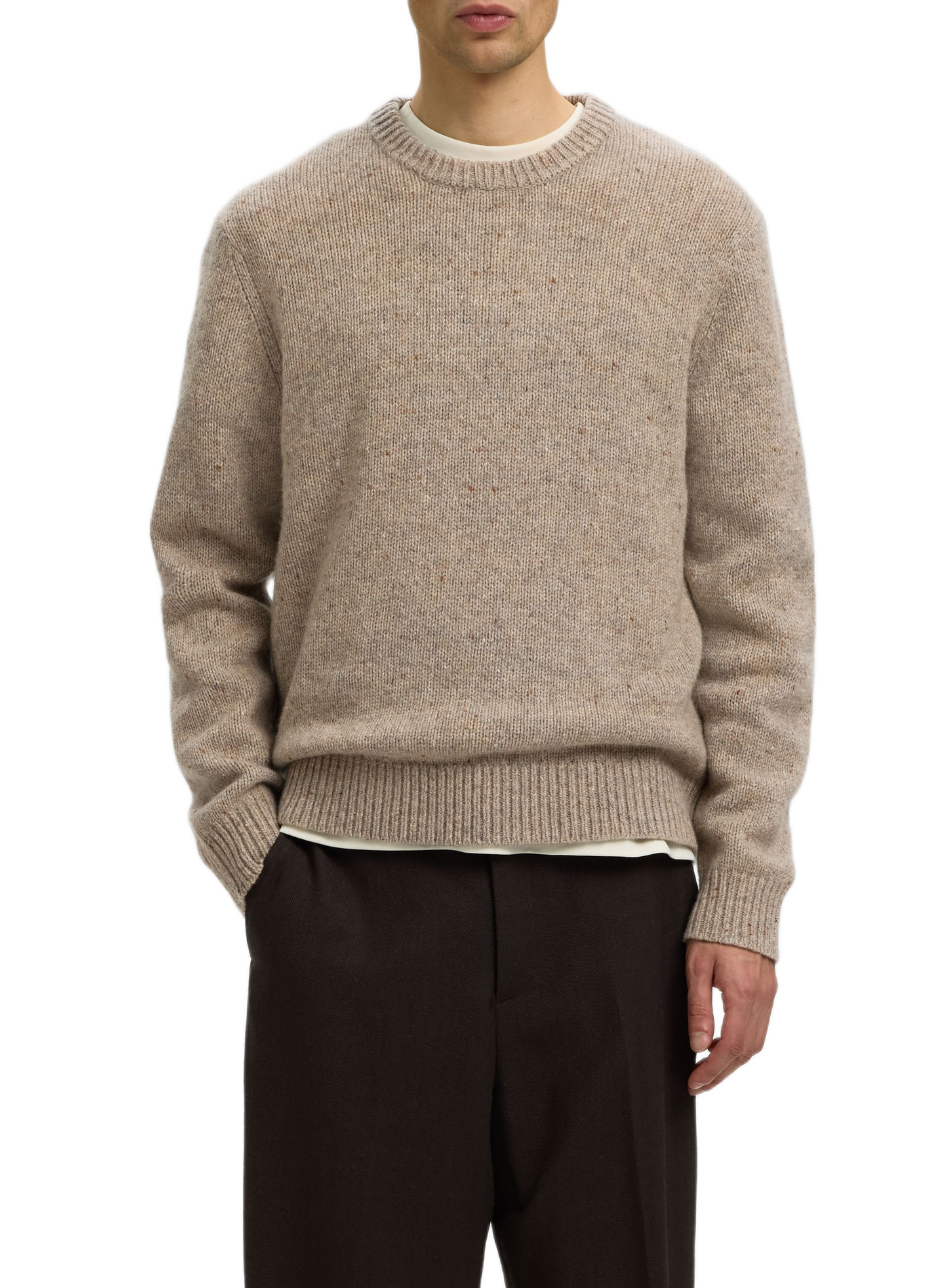 Gerader Rundhalsausschnitt-Pullover aus Wollmischung SELECTED Beige