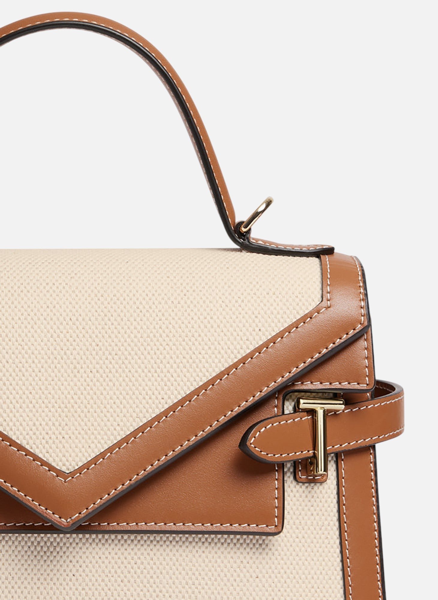 Sac à main double rabat moyen modèle emilie en toile coton et cuir lisse LE TANNEUR Marron