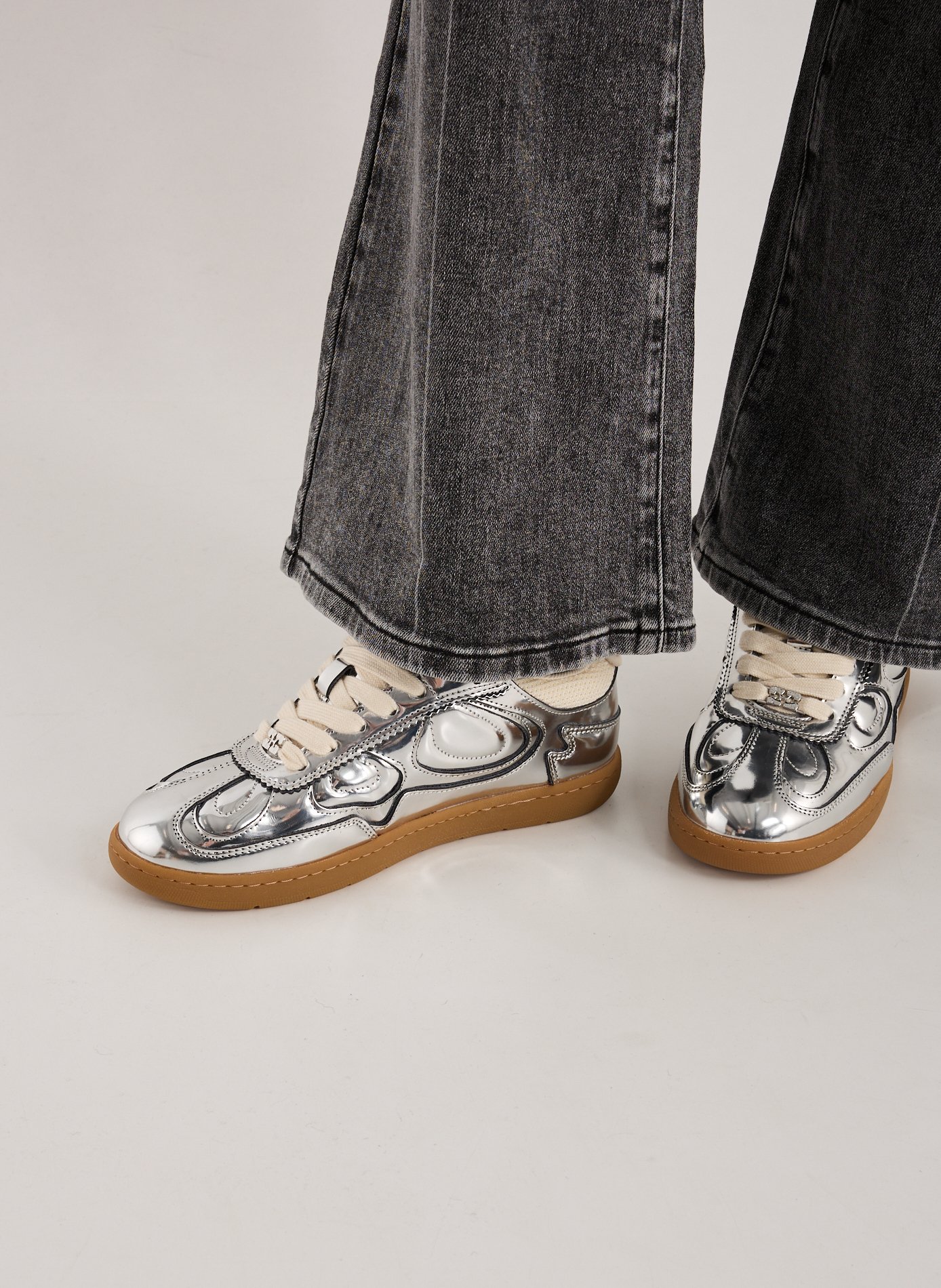 Mixed leather sneakers GANNI Silver