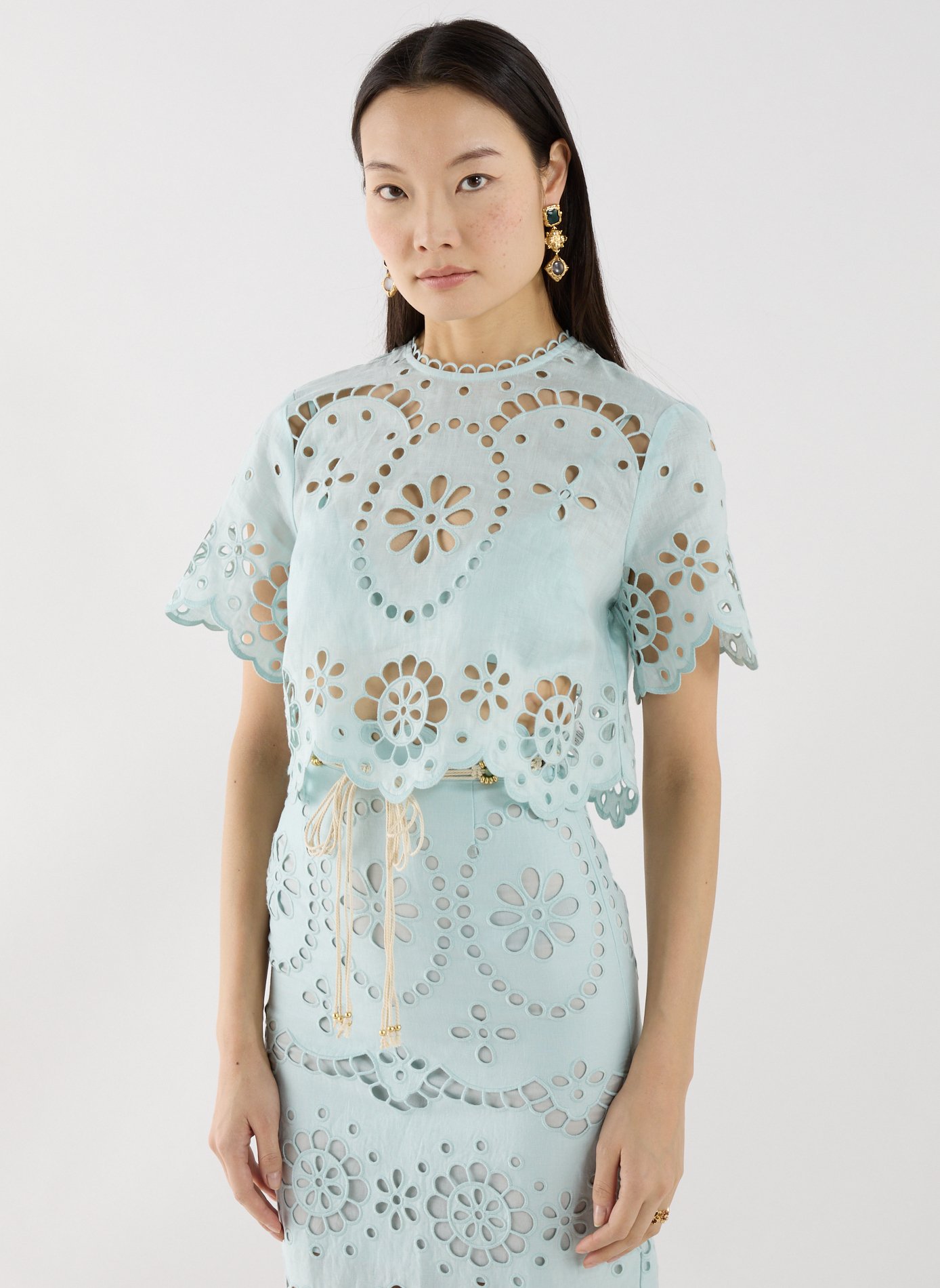 Short linen round neck top ZIMMERMANN Blue