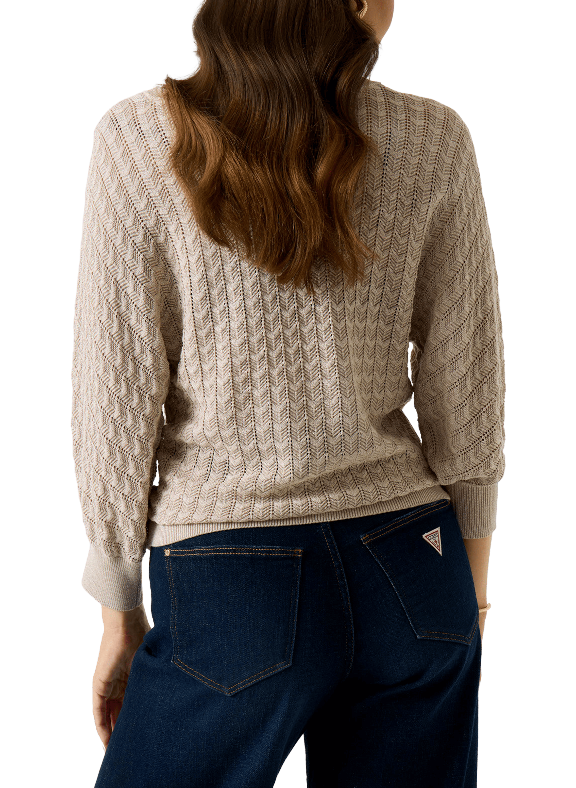V-neck knit sweater with openwork detailing GUESS No Color