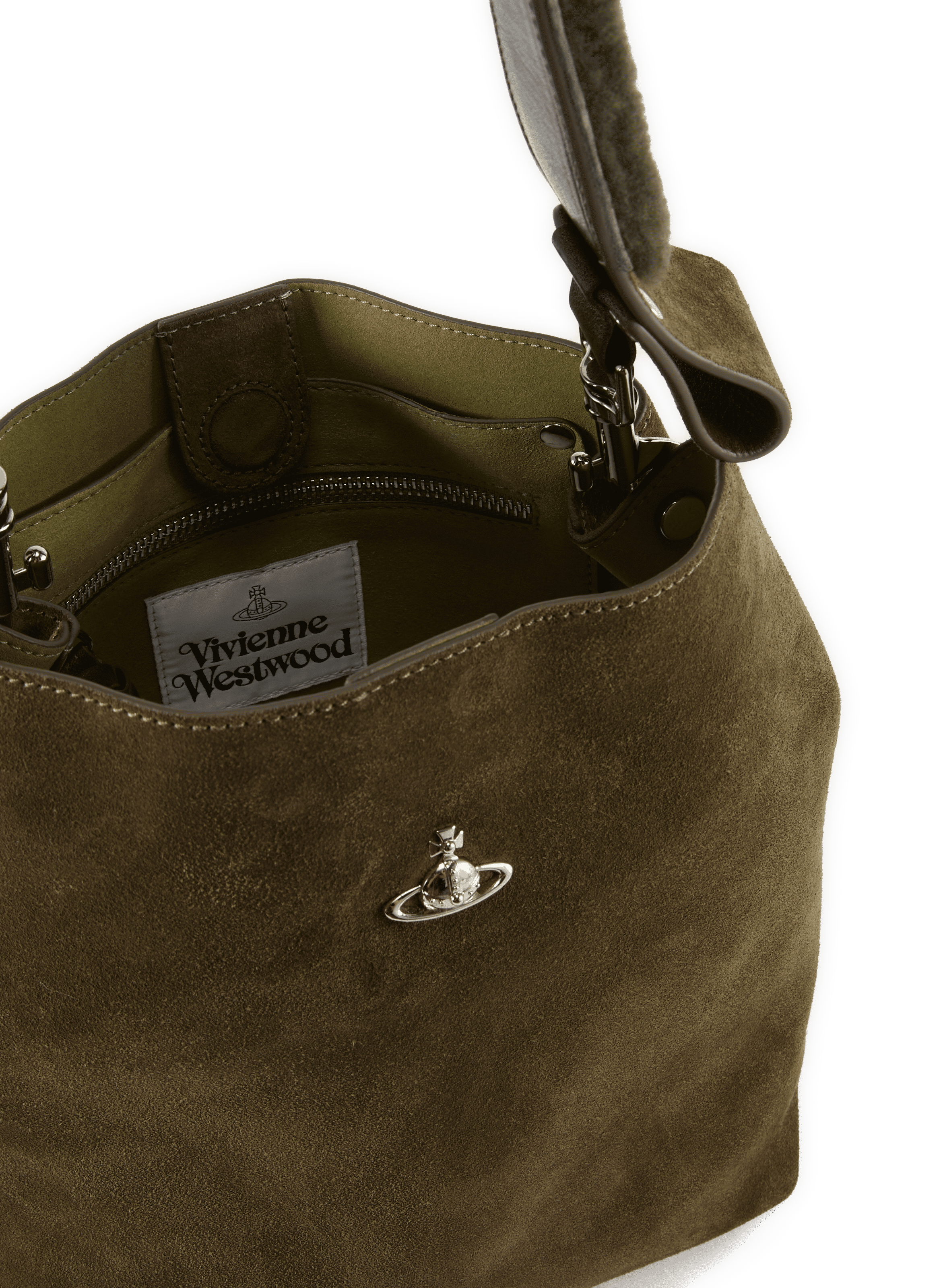 Eimer-Tasche mit Orb-Plakette aus Kalbsleder. VIVIENNE WESTWOOD Grun