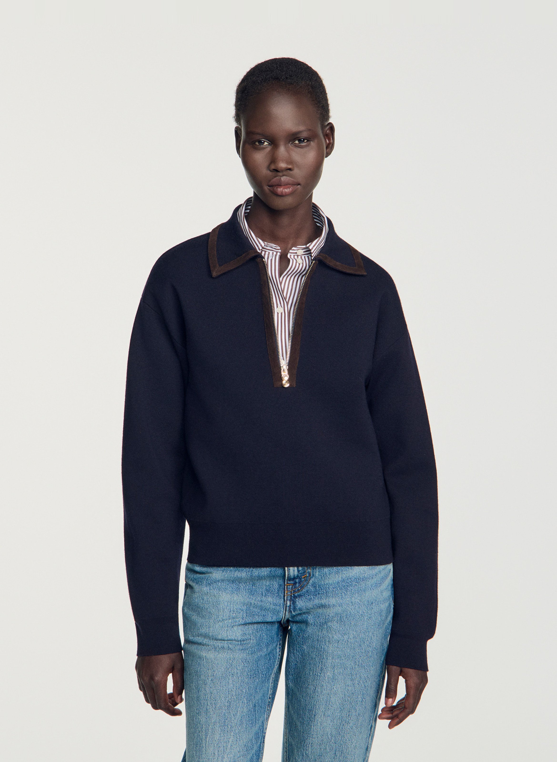 Pull col zippé uni en laine mélangée SANDRO Bleu