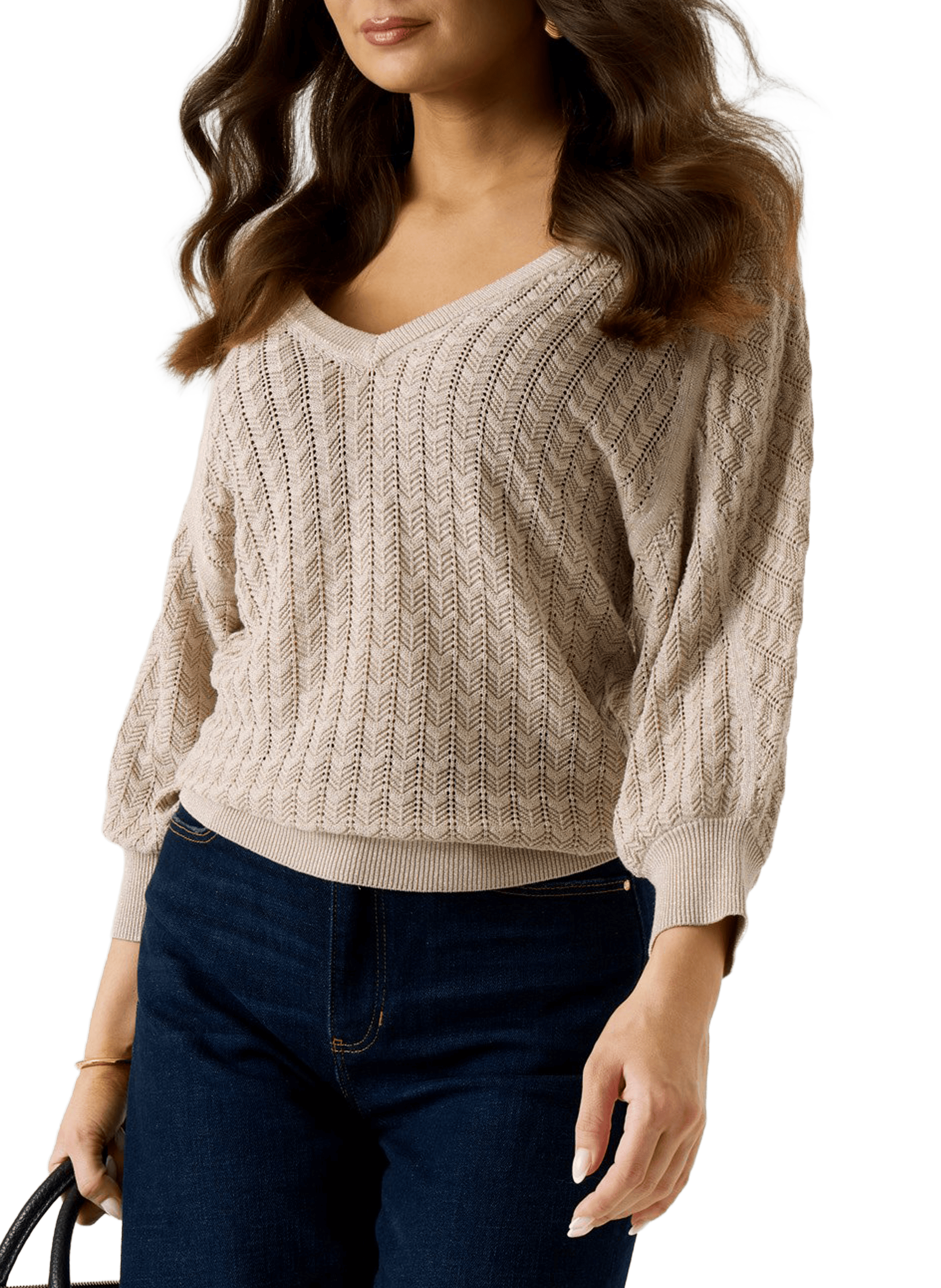V-neck knit sweater with openwork detailing GUESS No Color